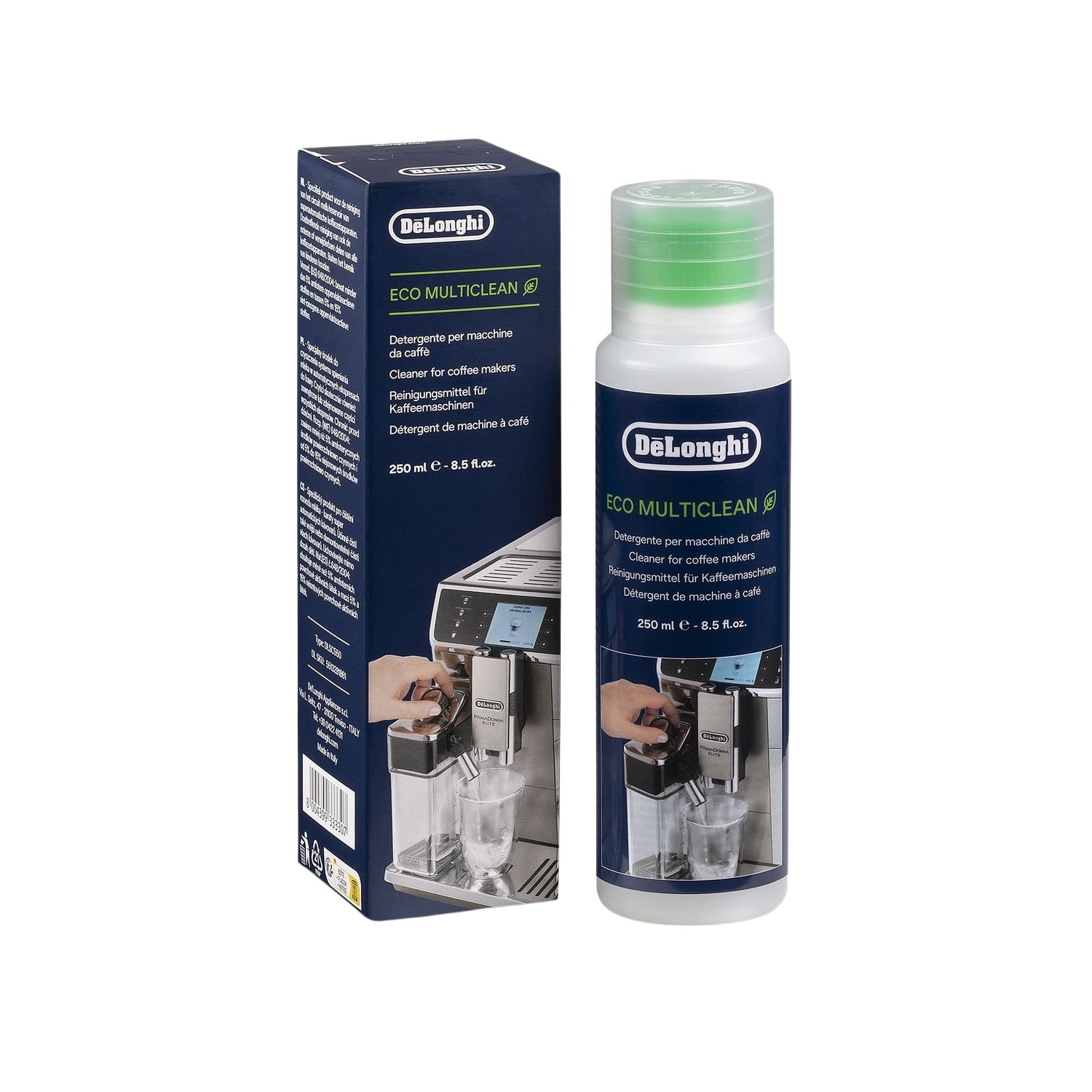 DeLonghi koffiemachine reiniger fles en doos op een witte achtergrond.