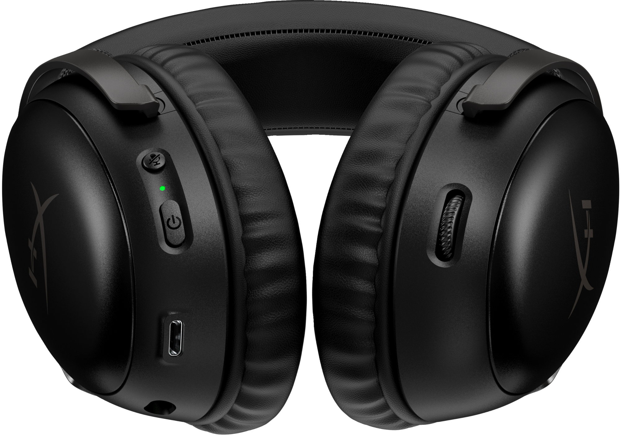 Auriculares negros con una luz verde y una rueda de control de volumen.