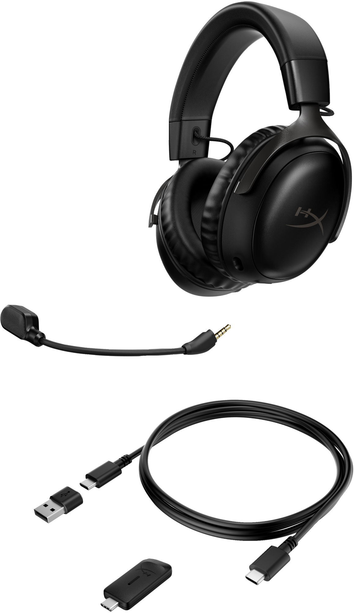 Auriculares para juegos negros con micrófono desmontable y cables de conexión, incluidos USB y conector de audio.