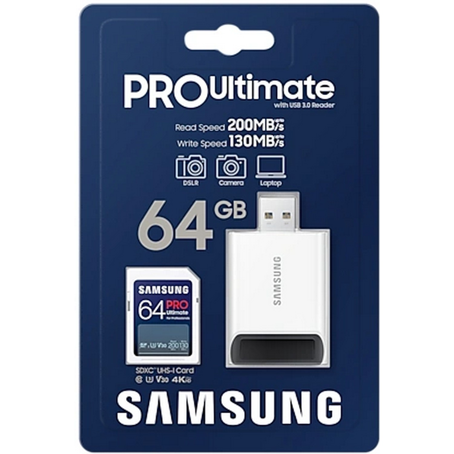 Een Samsung 64GB Pro Ultimate SD-kaart en adapterpakket op een blauwe achtergrond.