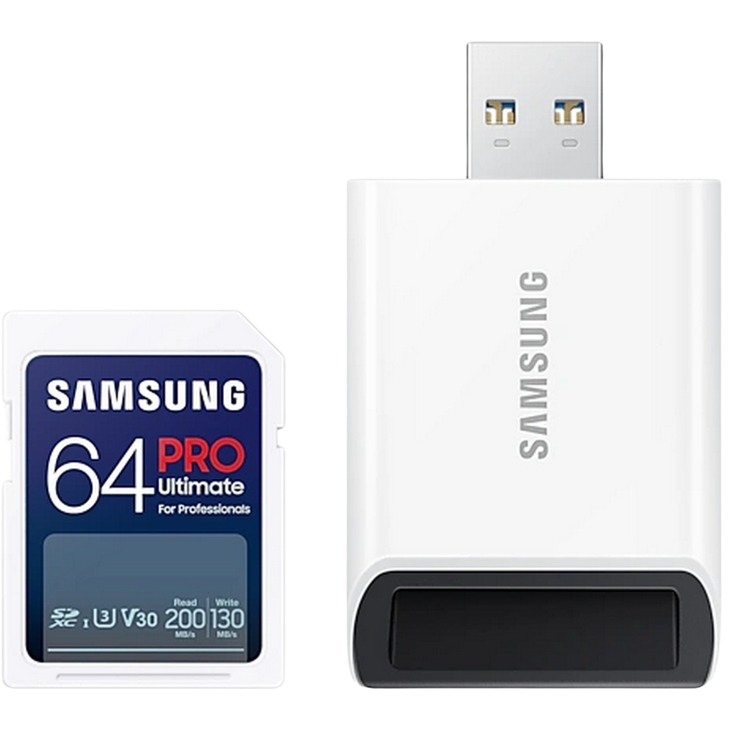 Samsung geheugenkaart en een witte kaartlezer. De kaart is gemarkeerd met "64 Pro Ultimate".