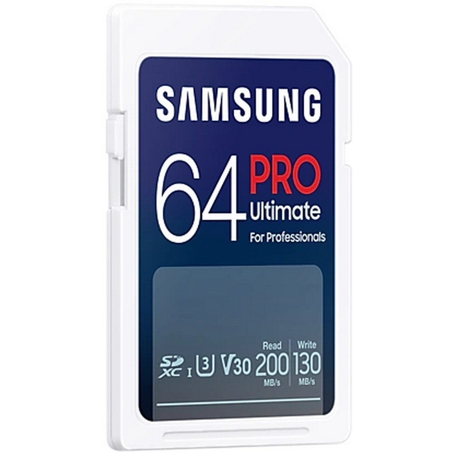Samsung 64GB Pro Ultimate SD-kaart. Blauw en wit met SDXC, V30 en snelheid informatie.