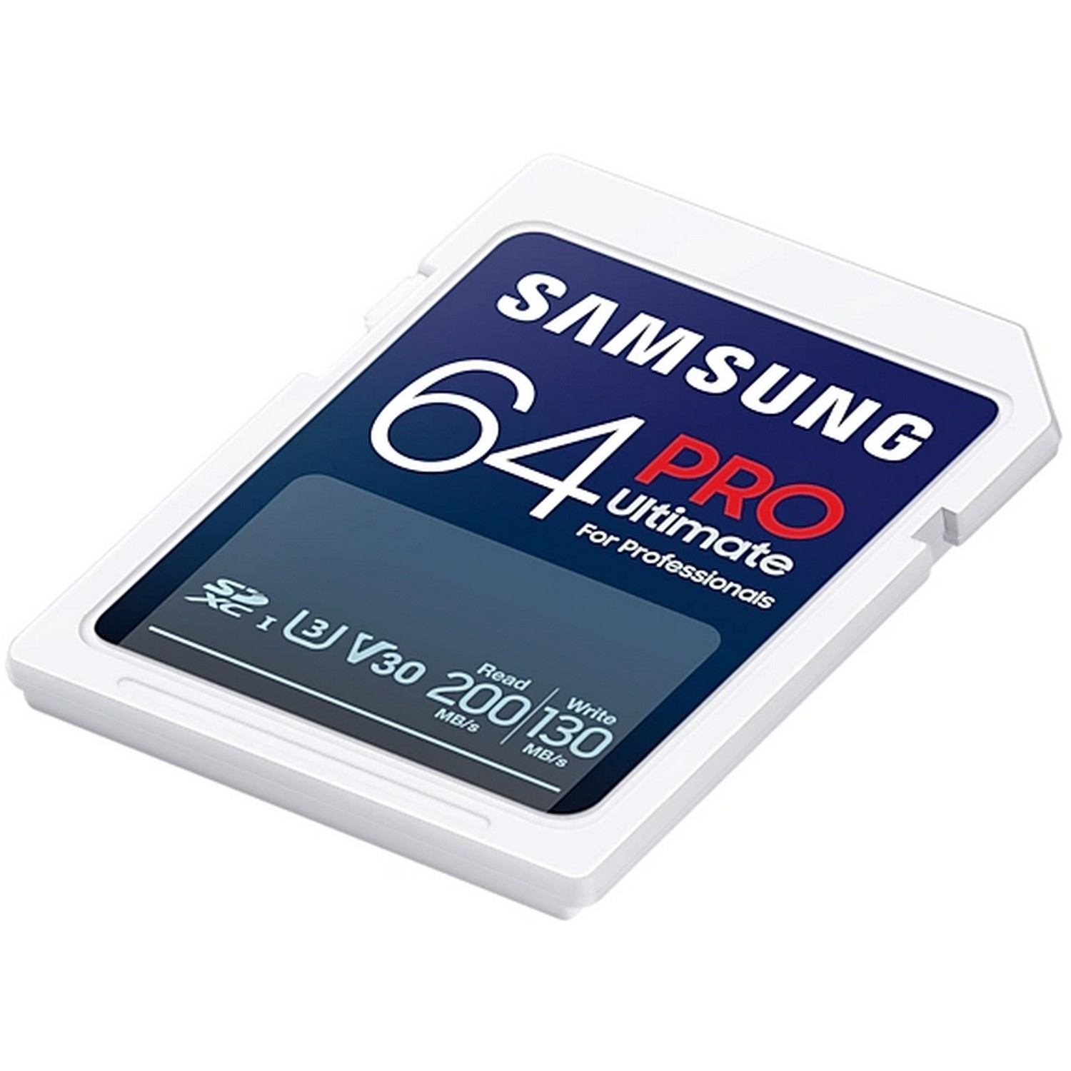 Witte en blauwe Samsung SD-kaart met tekst, geïsoleerd op een witte achtergrond.