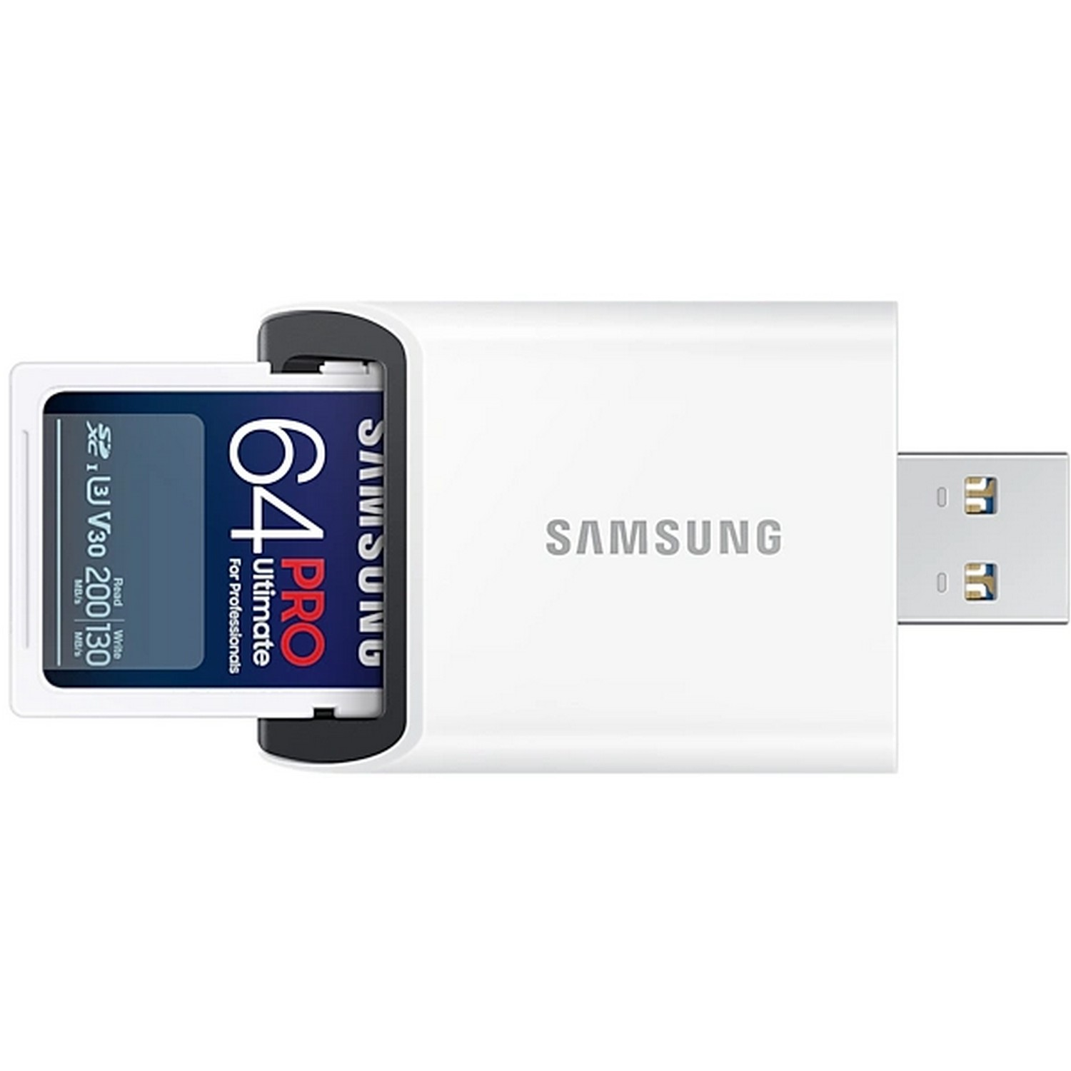 Een witte Samsung SD-kaartlezer, met een SD-kaart erin, tegen een witte achtergrond.