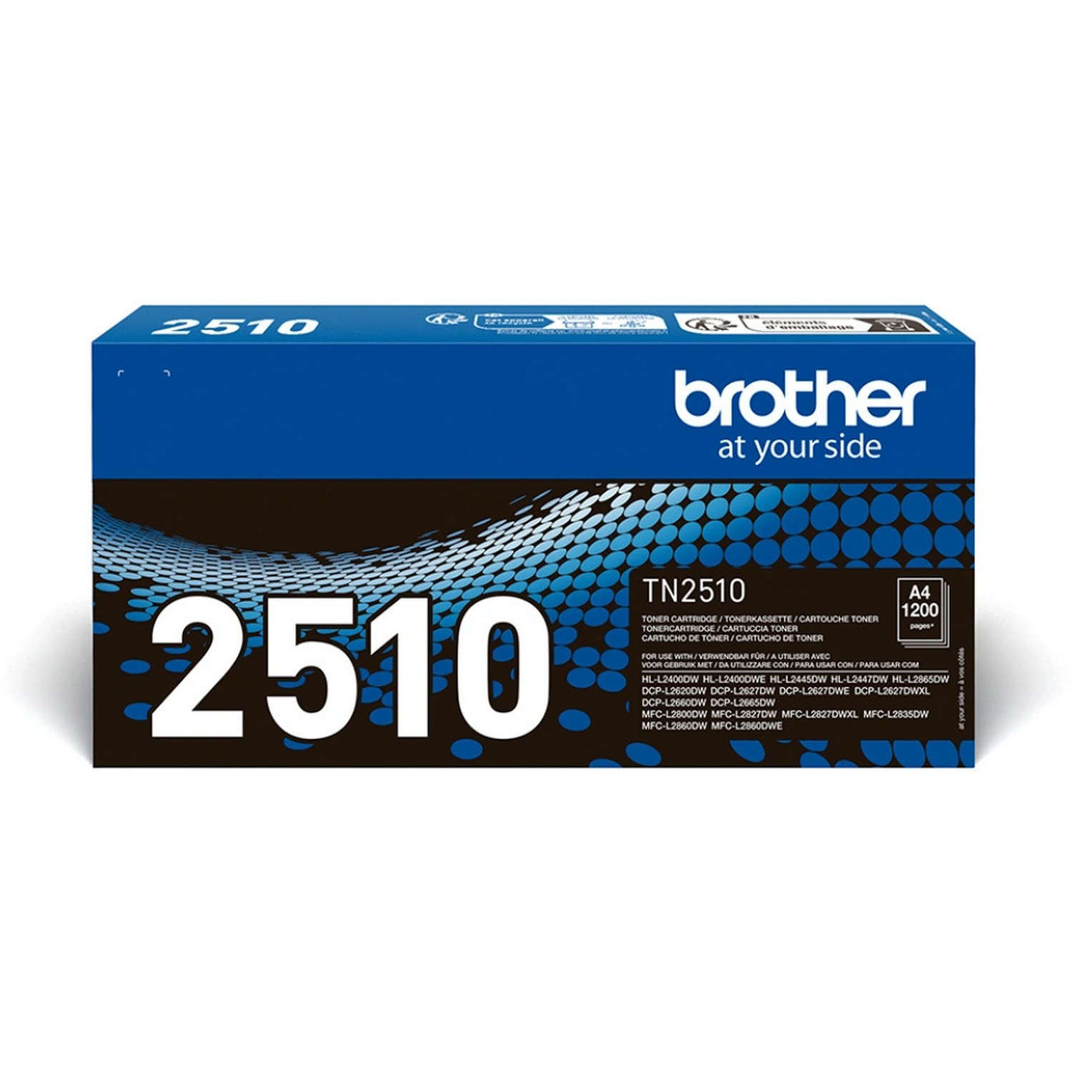 Une boîte de cartouche de toner Brother bleue et noire avec des informations sur le produit et du texte.