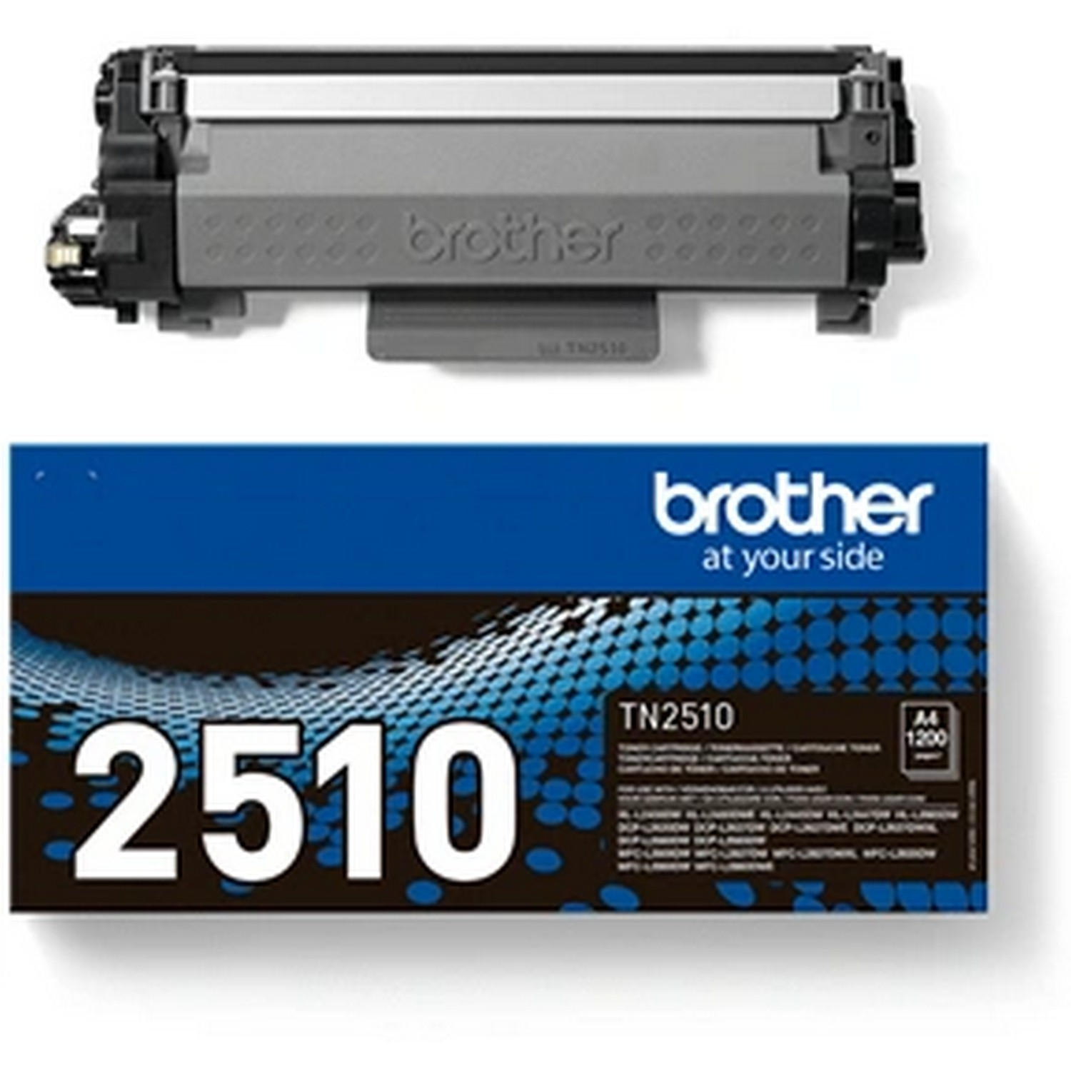 Cartouche de toner Brother et boîte. La boîte est bleue et blanche avec le texte '2510'.
