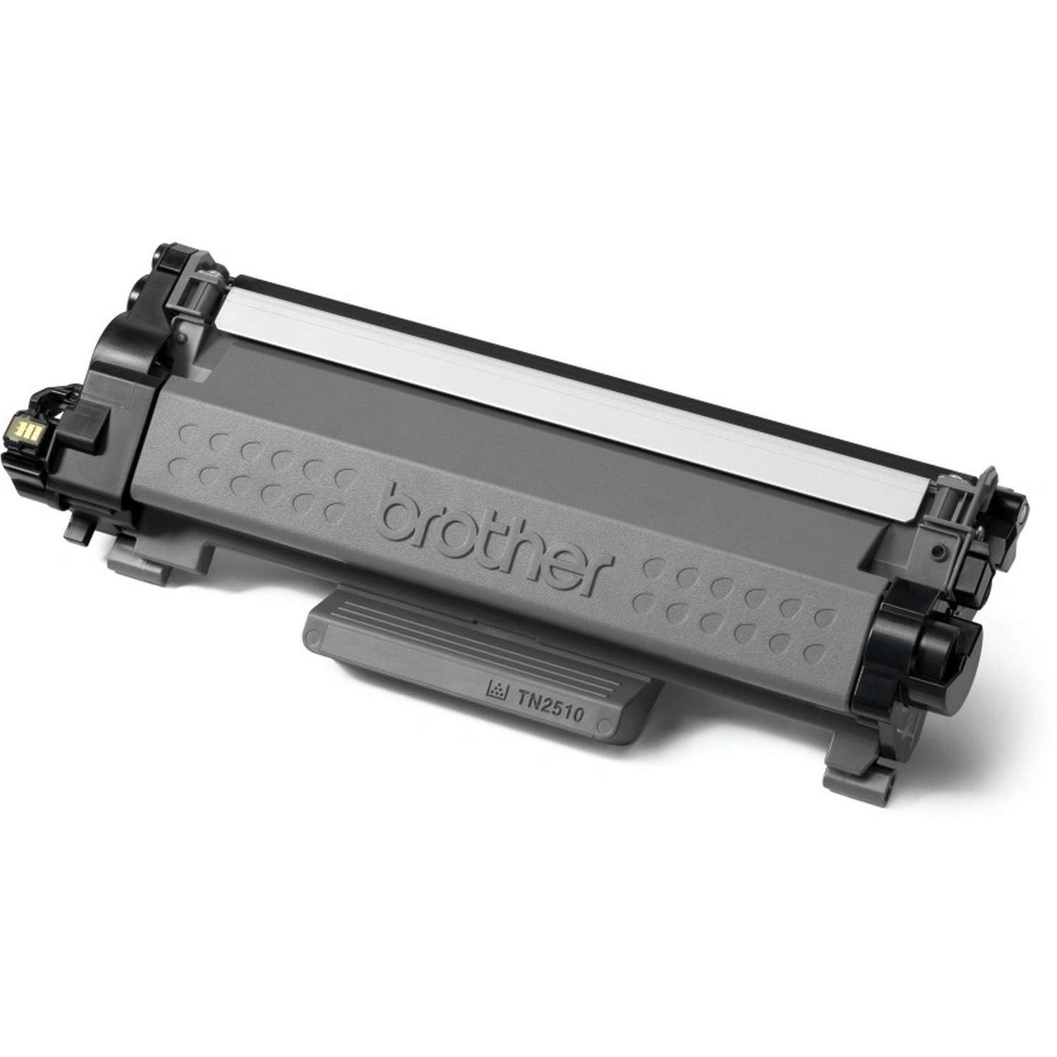 Une cartouche de toner grise Brother TN2510, isolée sur fond blanc, vue en angle.
