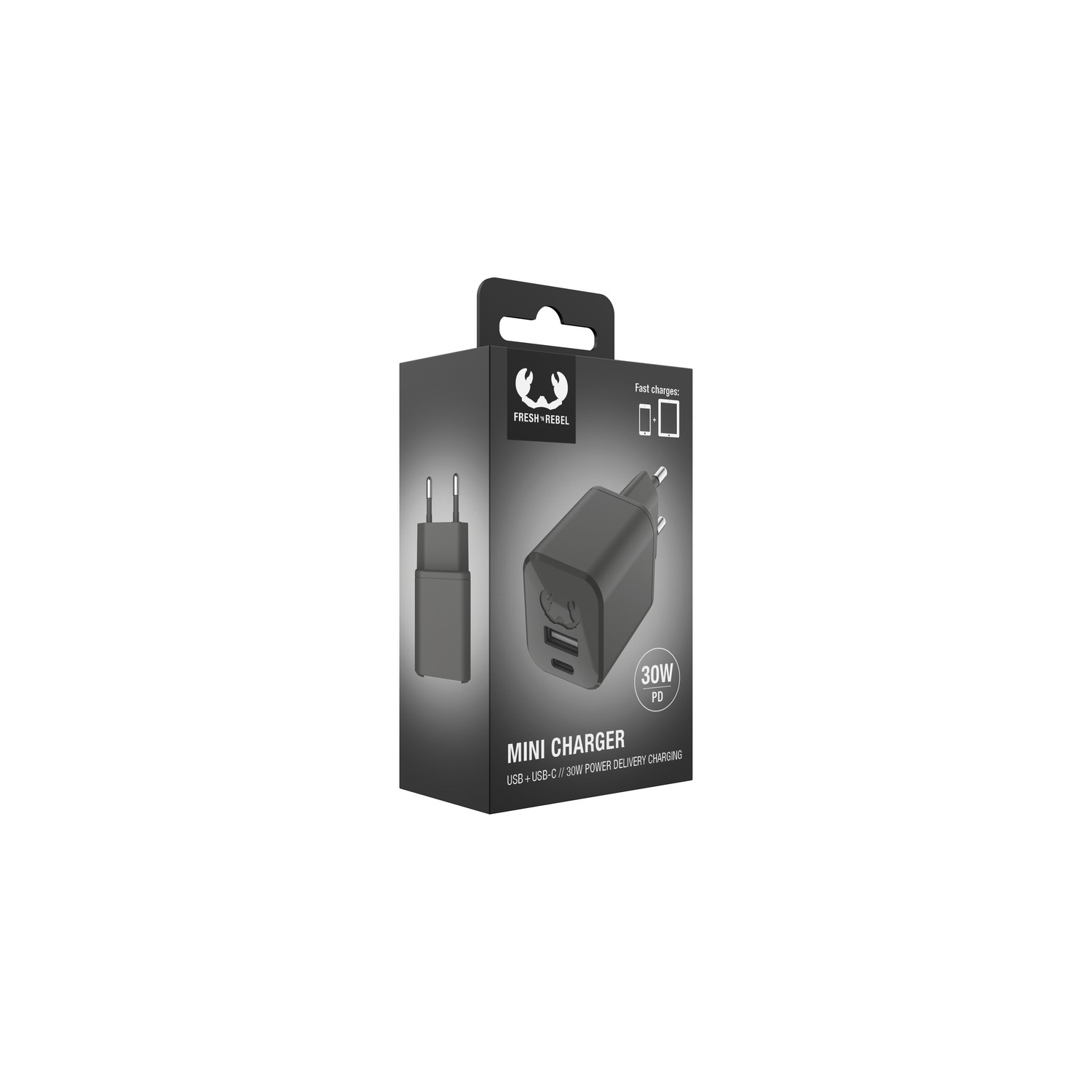 Black mini charger box. The box shows a charger and text.