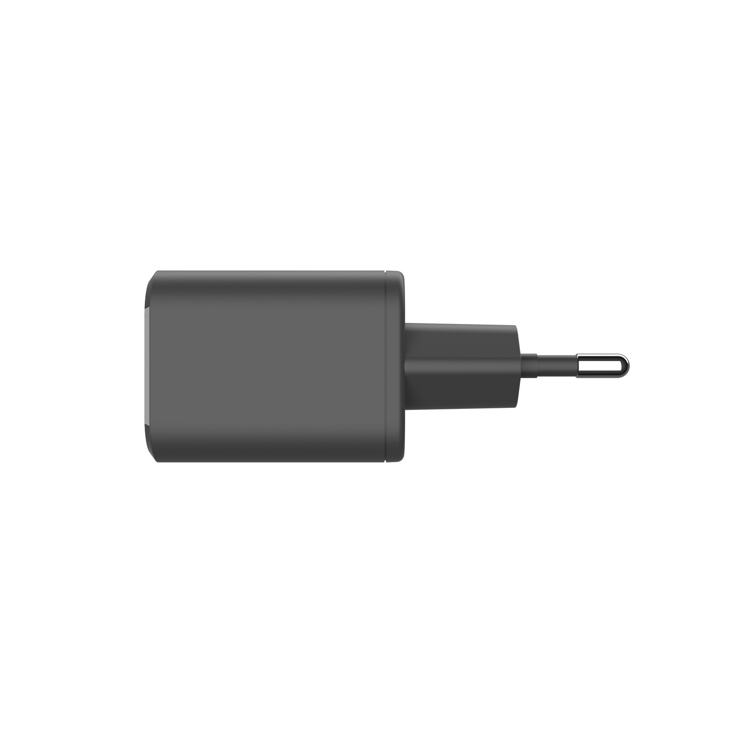 A black power adapter with a plug, viewed from above, set against a white background.