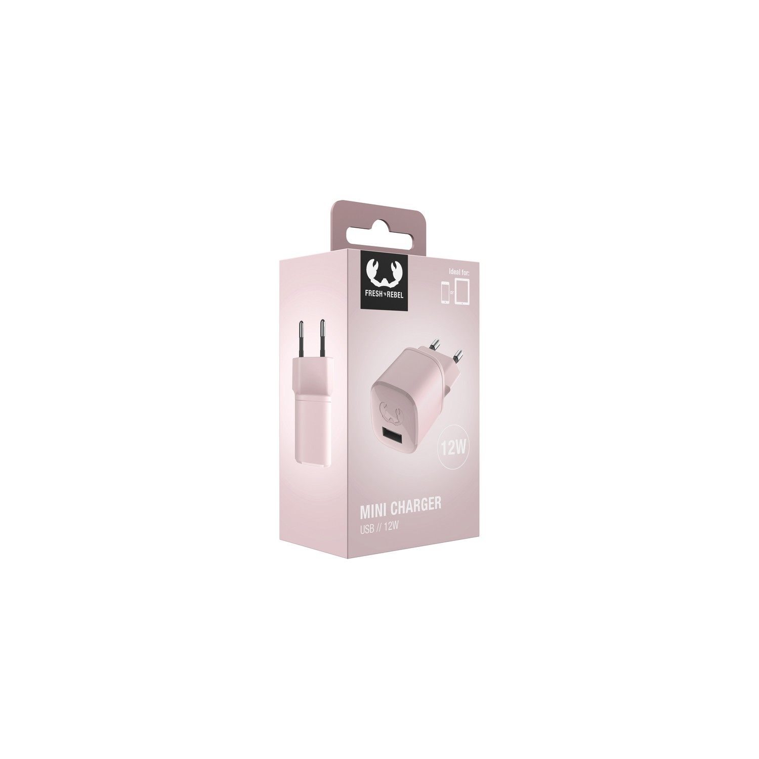 Een roze mini-oplader in de doos. De doos is lichtroze met een witte achtergrond.