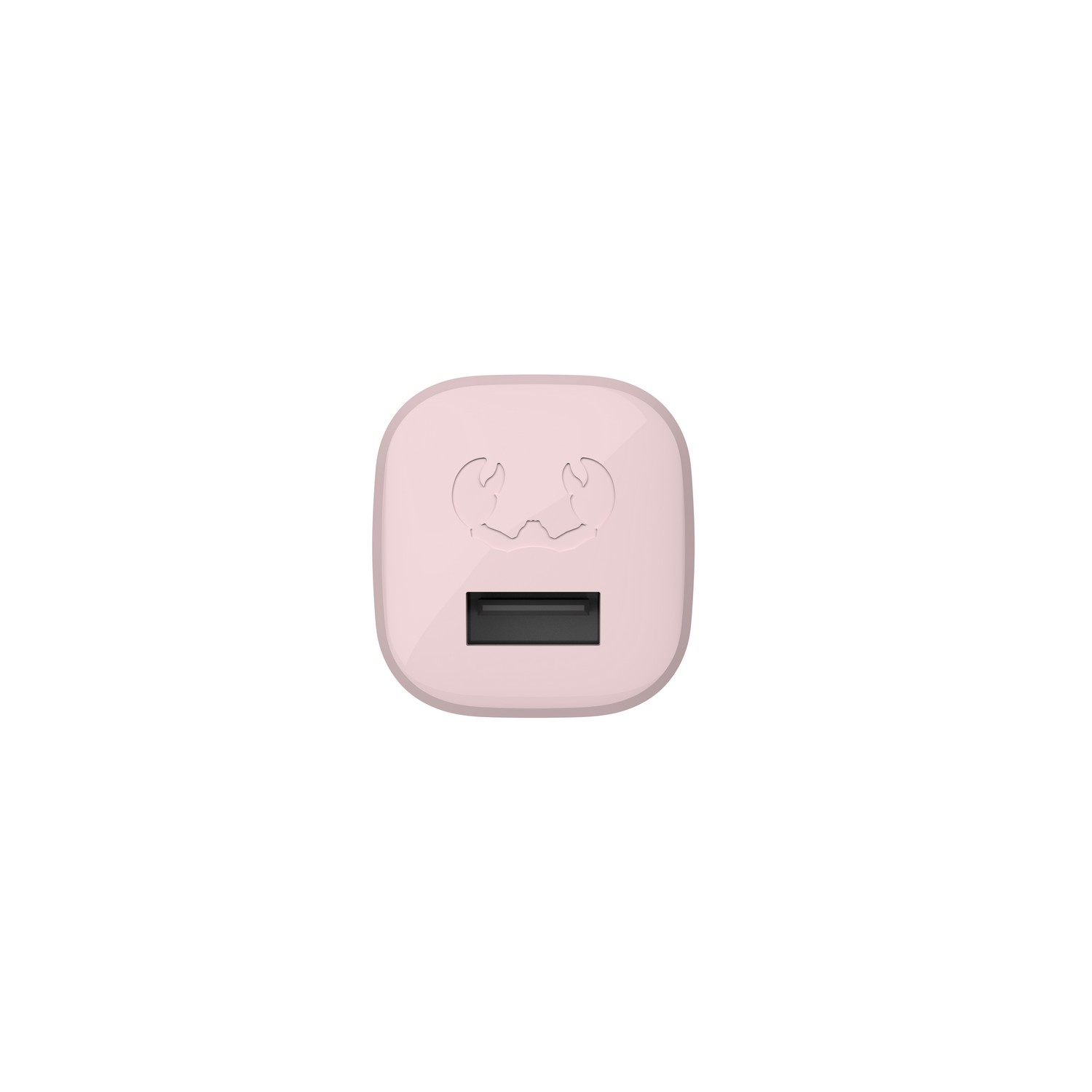 Roze USB-oplader met een USB-poort aan de onderkant en een patroon aan de bovenkant.