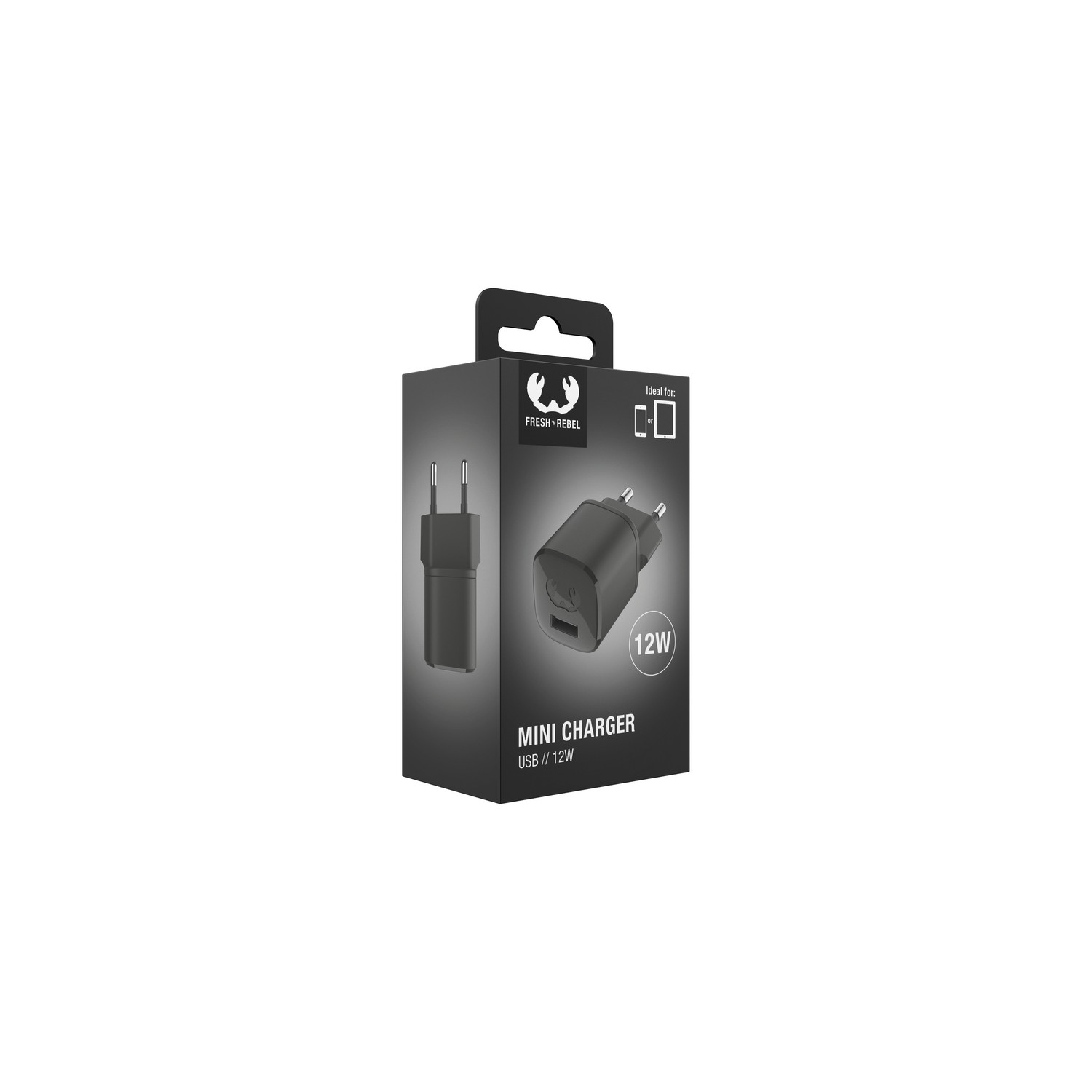 Zwarte en grijze USB-oplader in de doos.