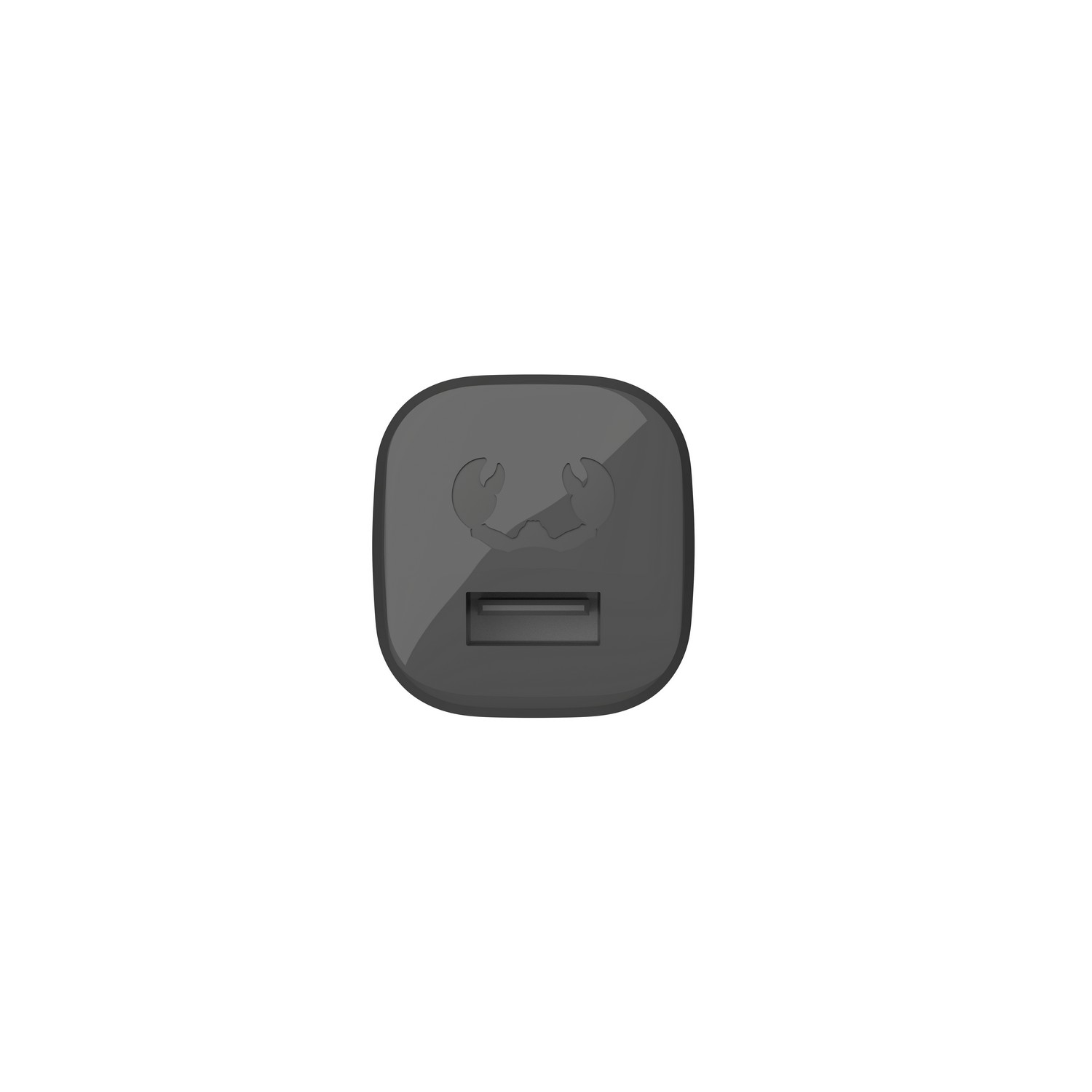 Een zwarte USB-oplader met een krabachtig logo. Het heeft een USB-poort en een vierkante vorm.