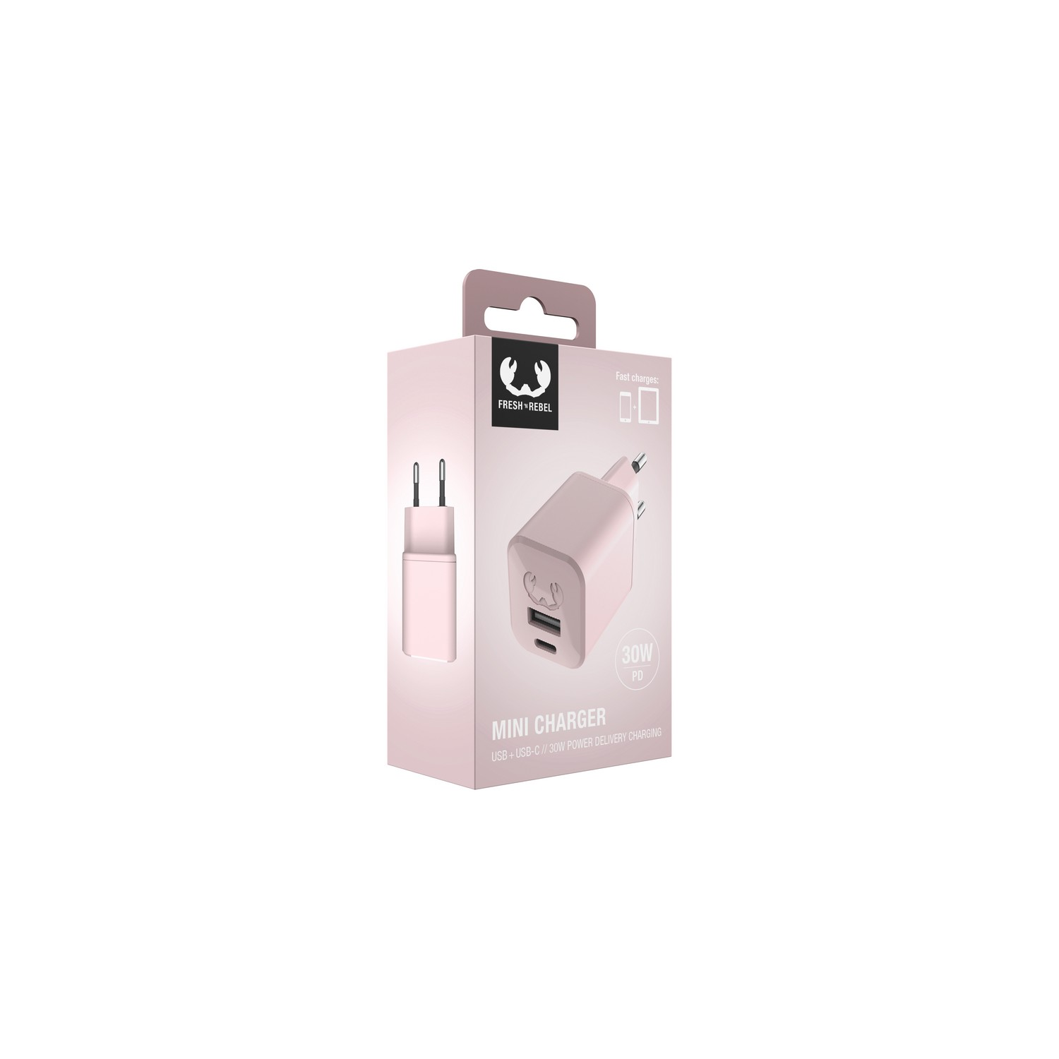 Roze mini-oplader in een doos.