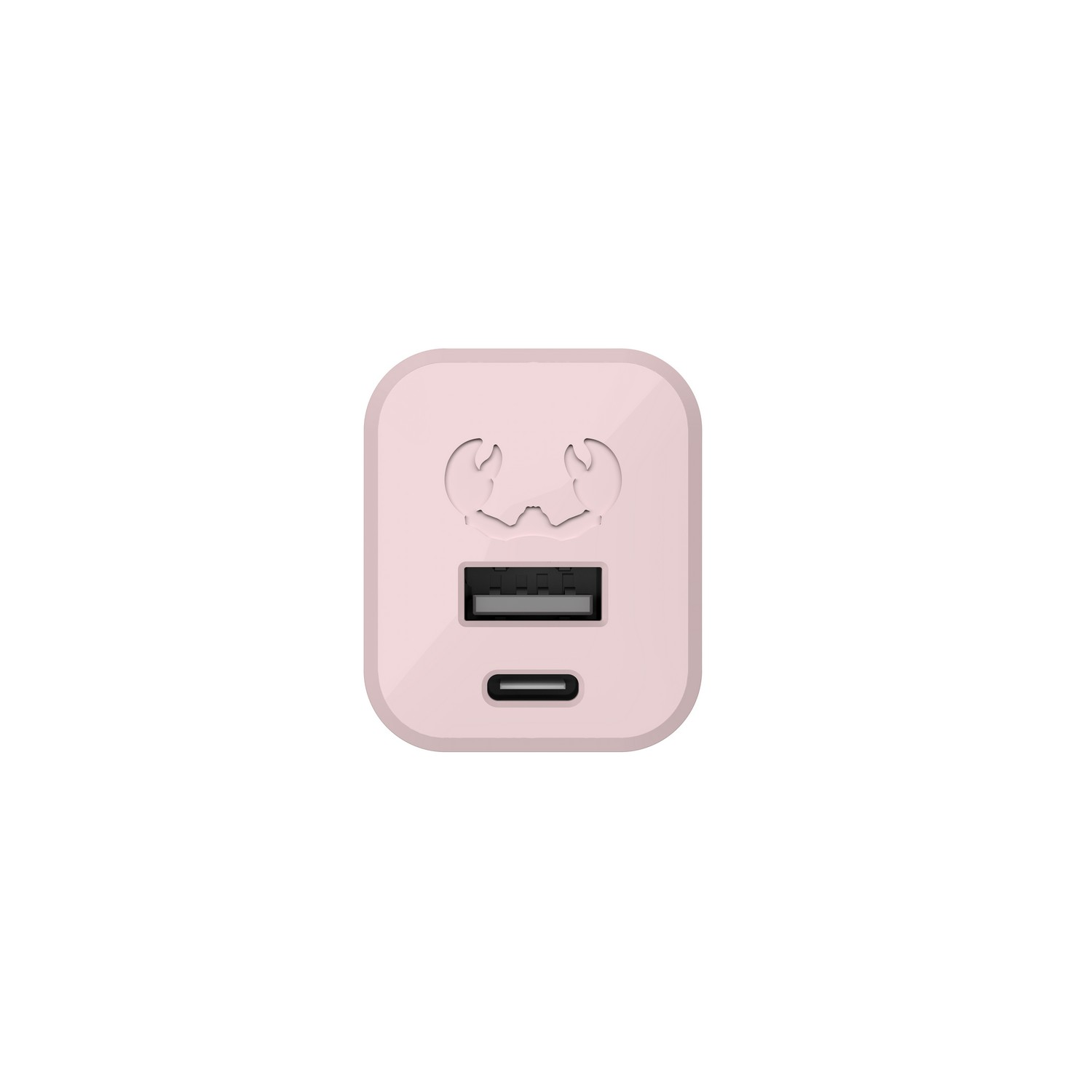 Roze vierkante oplader met USB- en USB-C-poorten. Krablogo bovenop. Witte achtergrond.