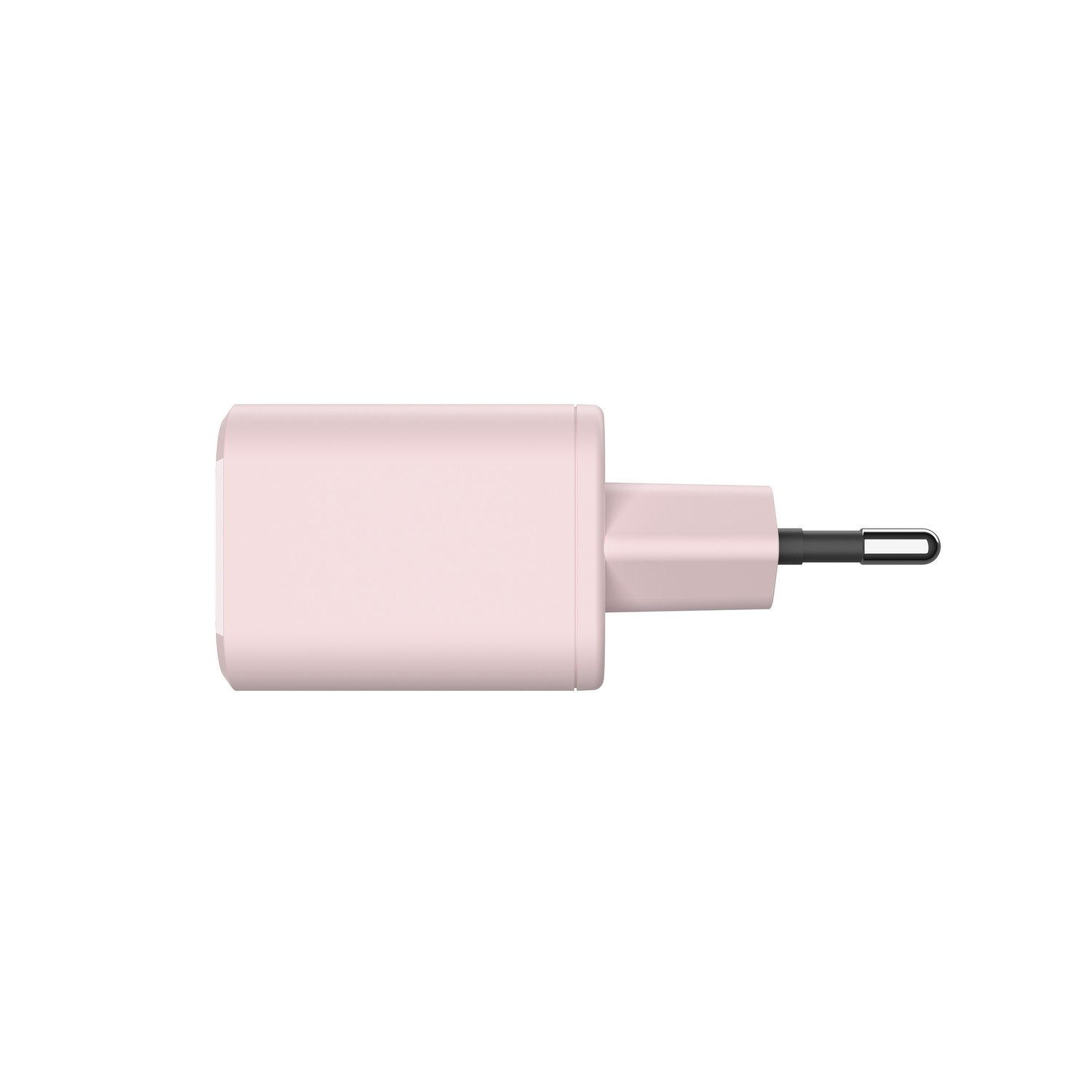 Roze opladeradapter. Het apparaat heeft één pin voor het opladen.