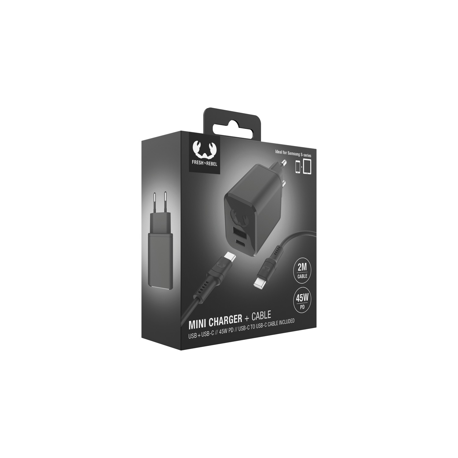 Chargeur noir en boîte avec câble. La boîte a un logo Fresh Rebel et le texte 'Mini Charger'.