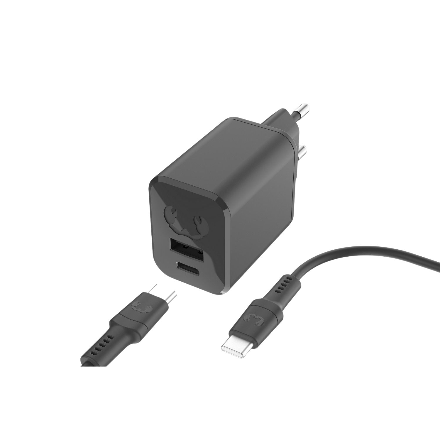 Un adaptateur secteur noir avec 2 ports USB et deux câbles de charge.