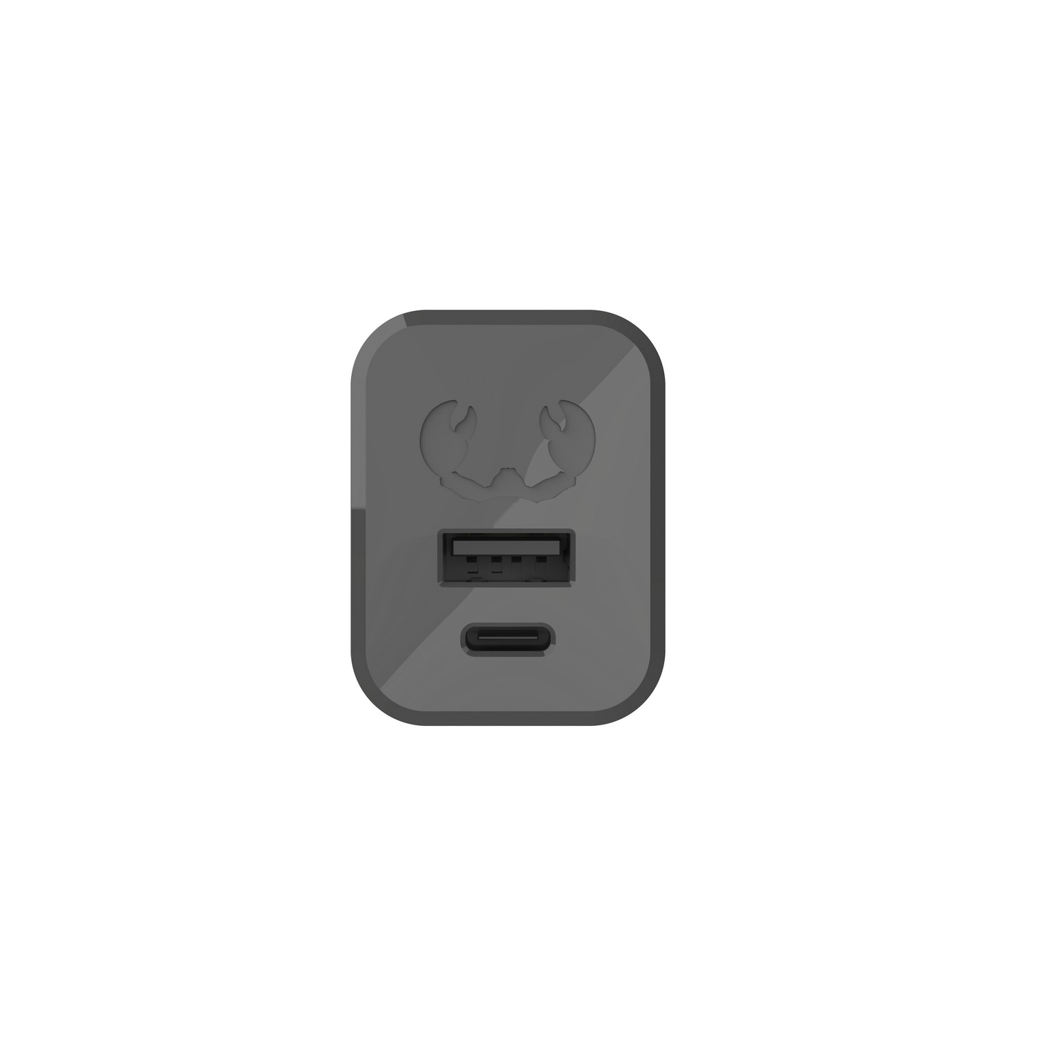 Adaptateur secteur gris foncé avec deux ports, USB et USB-C, sur fond blanc.