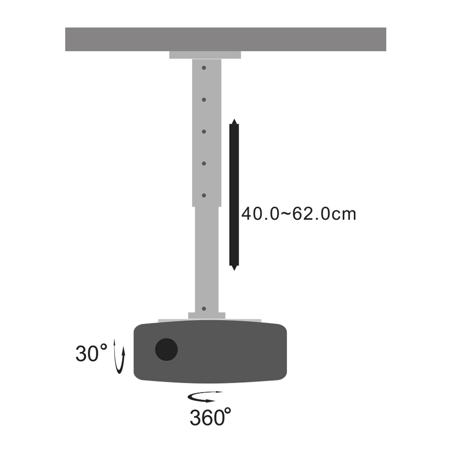 Egy projektor szerelőrendszere, diagramm mérésekkel, projektort és tartót mutatva.