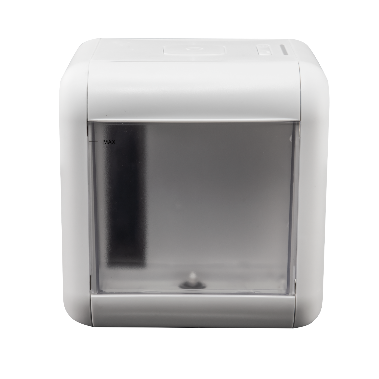 White, rectangular device with a transparent container and a max line.