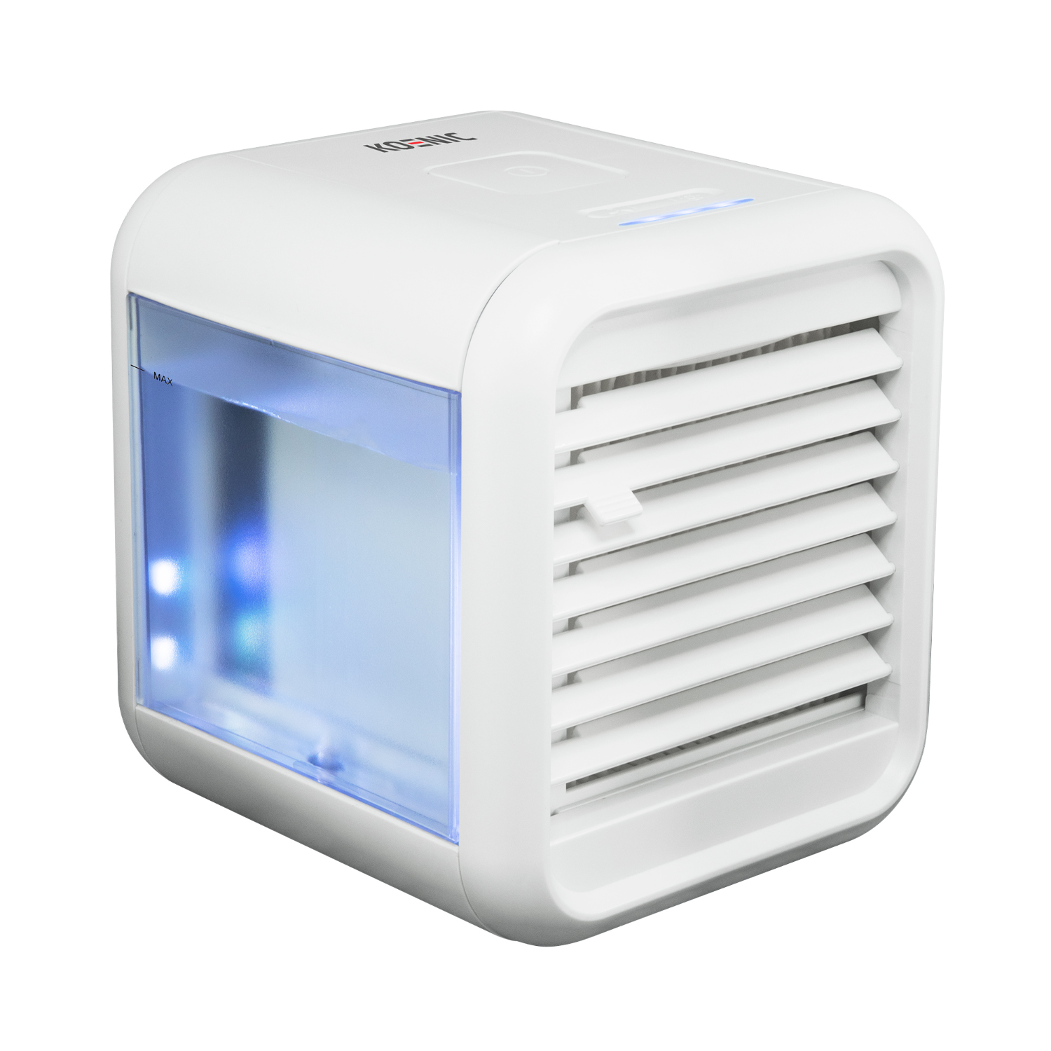 White portable air cooler. Box-shaped with a water reservoir, and vent. Blue light.
