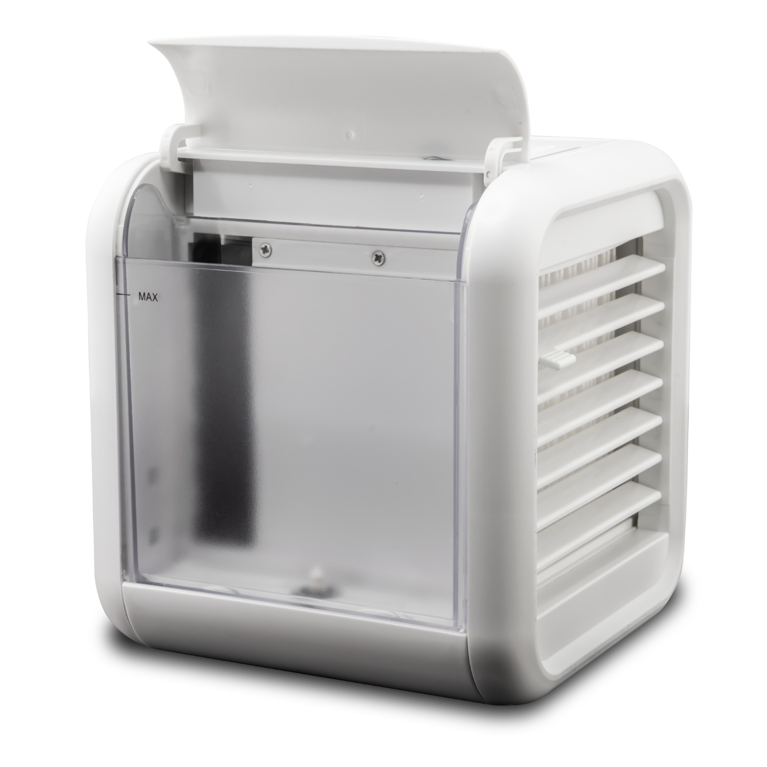 White portable air cooler with a transparent water tank, on black background.