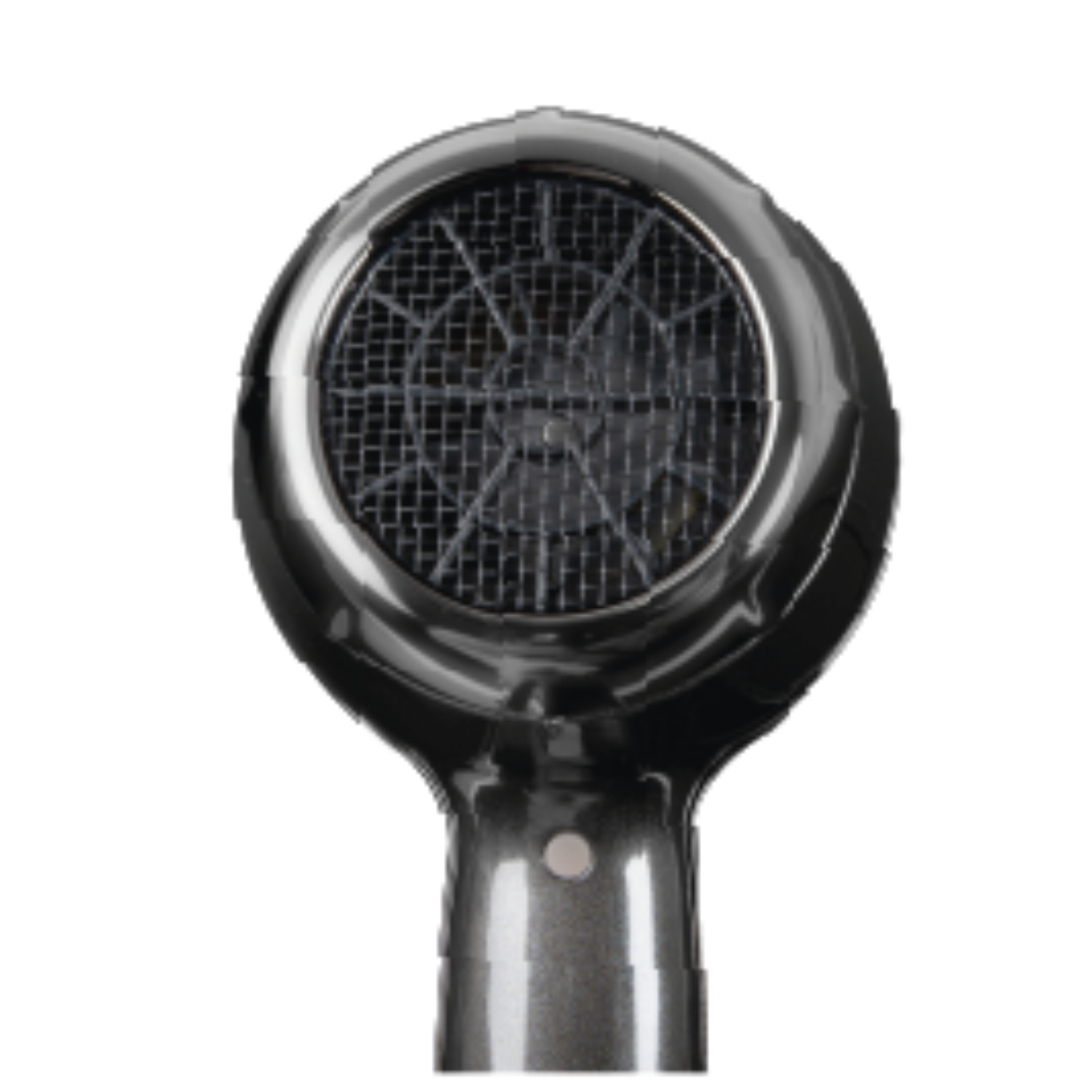 A close-up of a black and silver hairdryer with a mesh front.