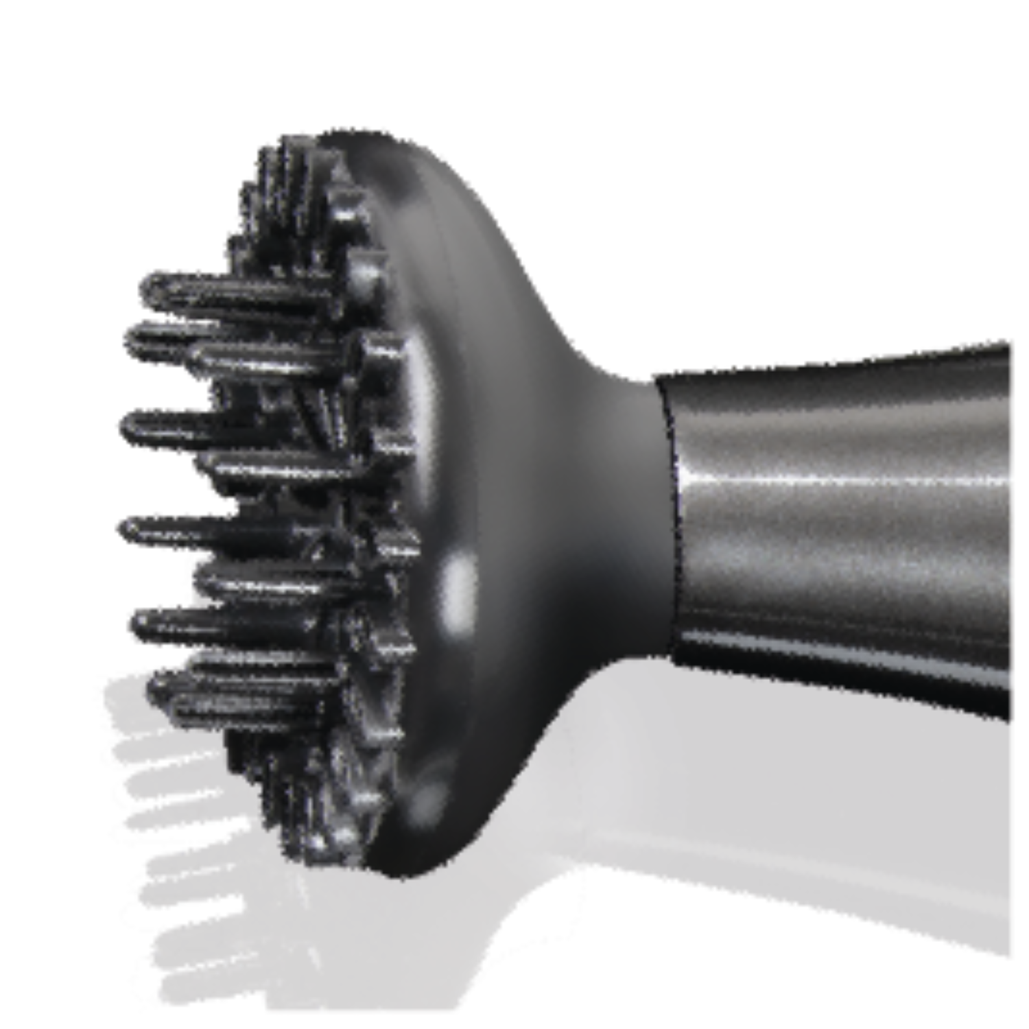 A black hair dryer diffuser attachment. The surface is reflective.