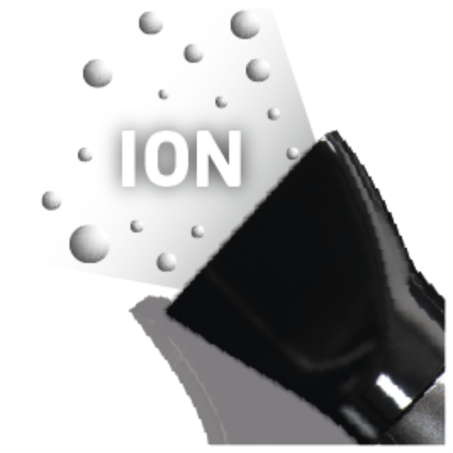 An illustration showing an ion hair dryer with the word "ION" and floating bubbles.