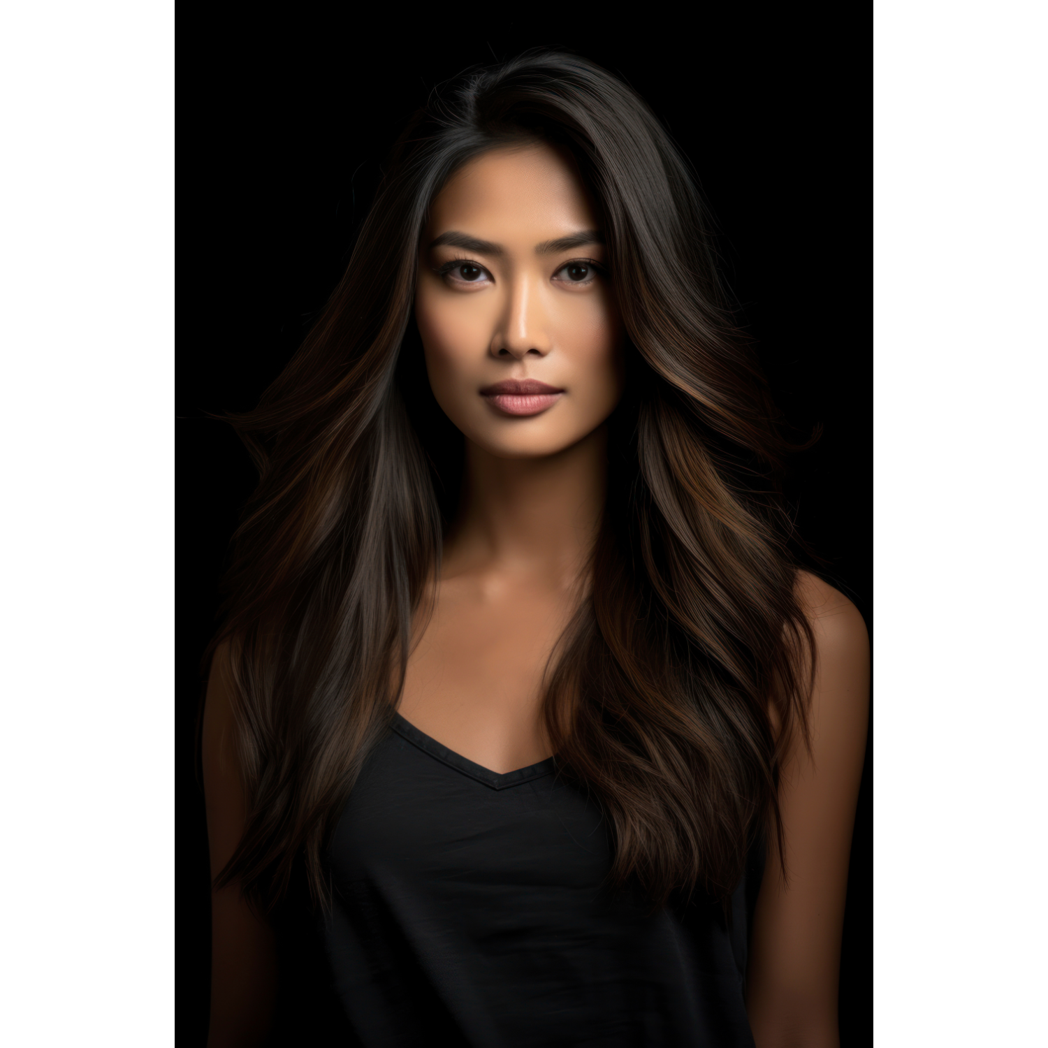 A woman with long dark brown hair, wearing a black tank top, on a black background.