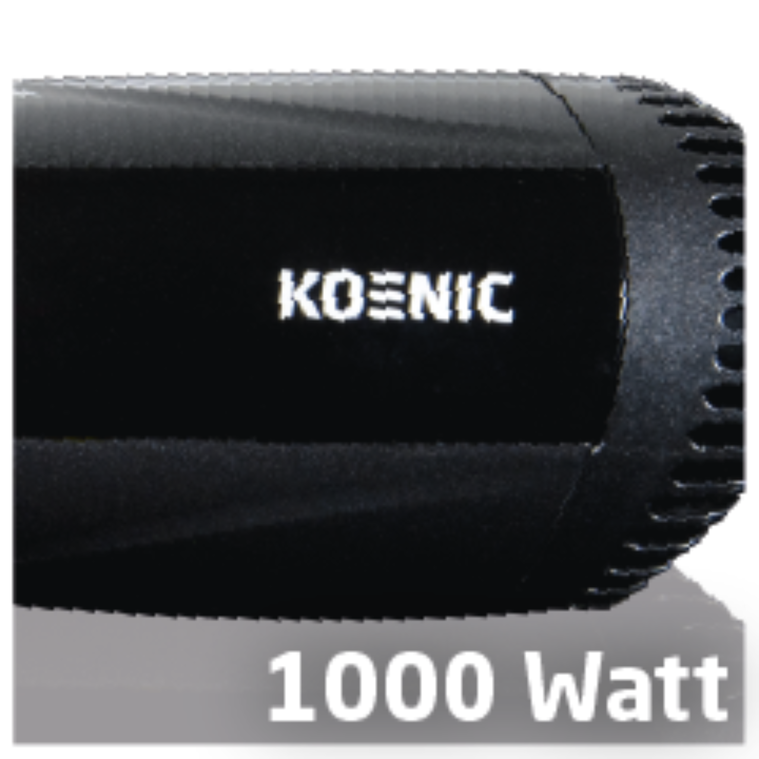Black hairdryer with the word KOENIC and 1000 Watt written on it.