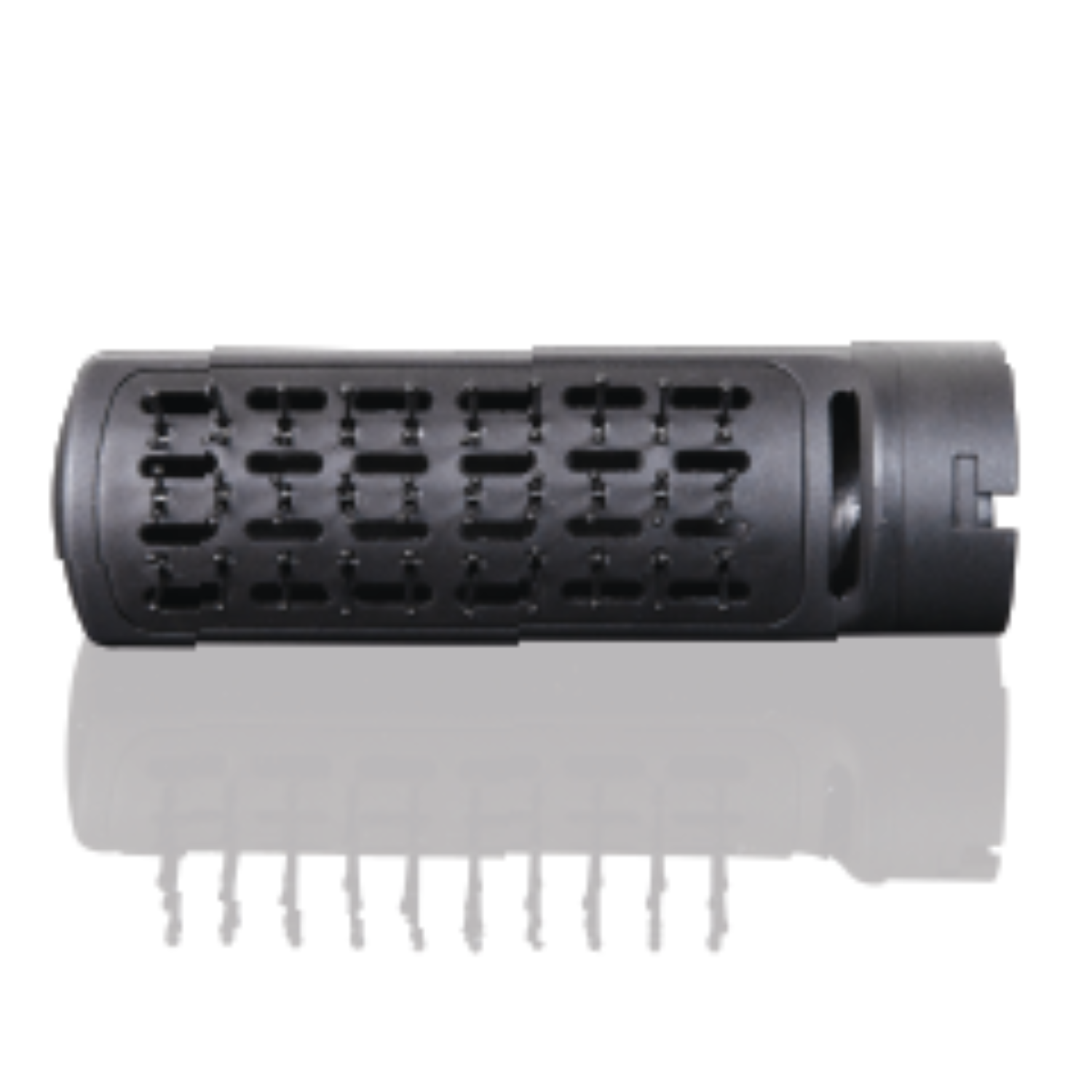 Black, cylindrical device, possibly a suppressor, with vents, reflected light.