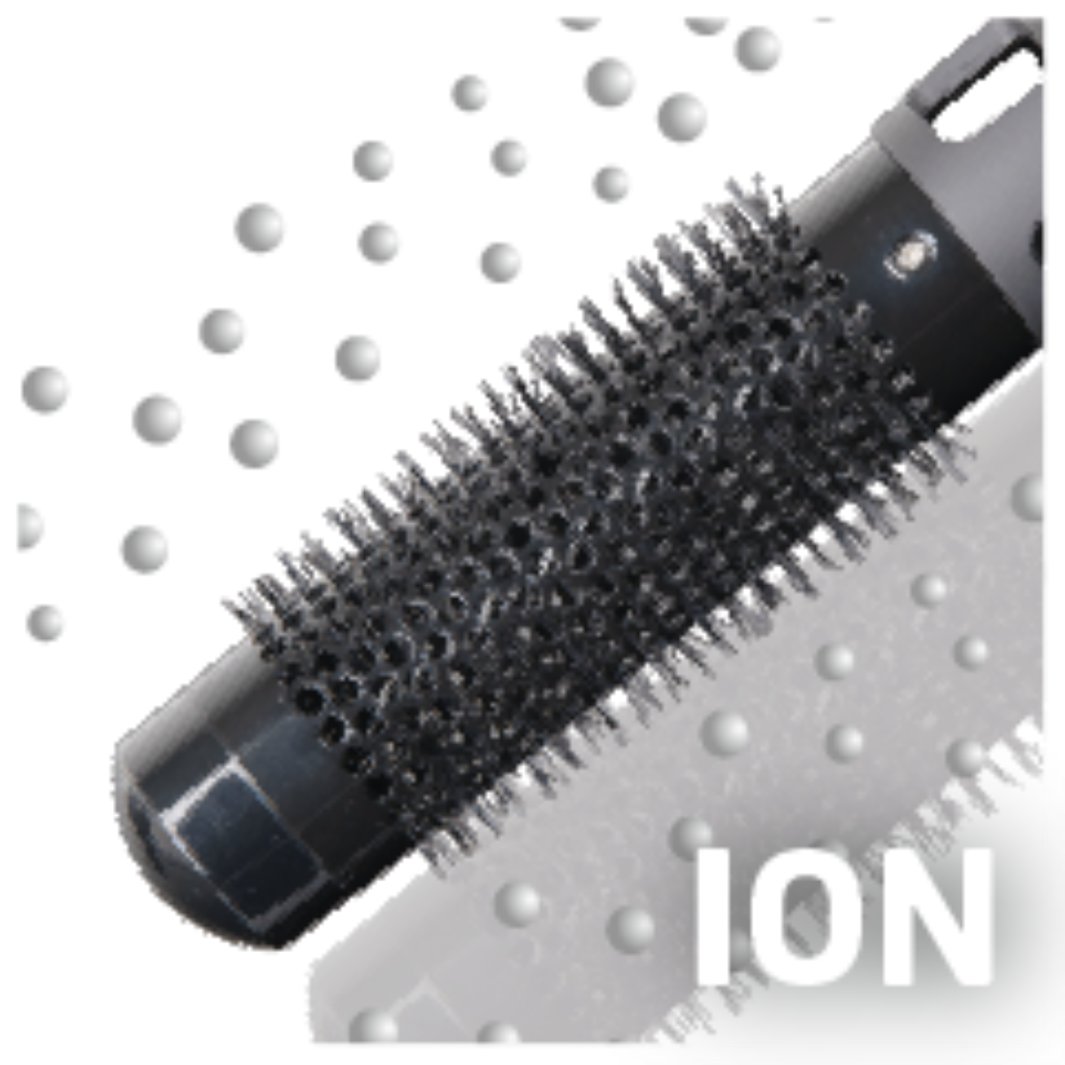 Close-up of a black hair dryer brush with bristles and the word 'ION' in white.