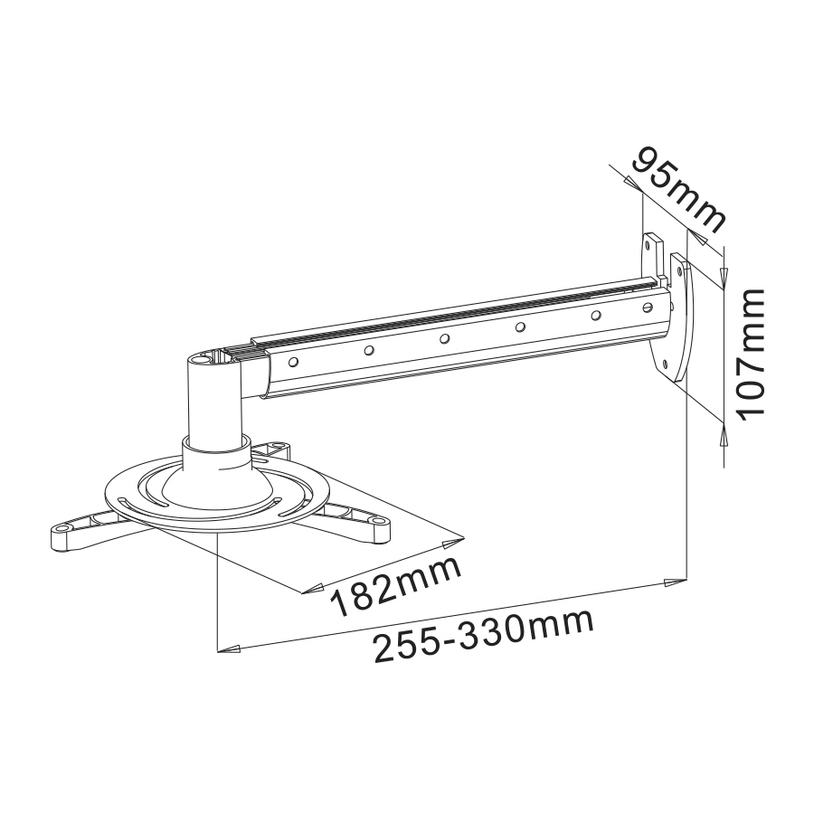 Egy projektortartó diagramja méretekkel. Egy hosszú kart, egy alapot és egy szerelőlapot mutat.