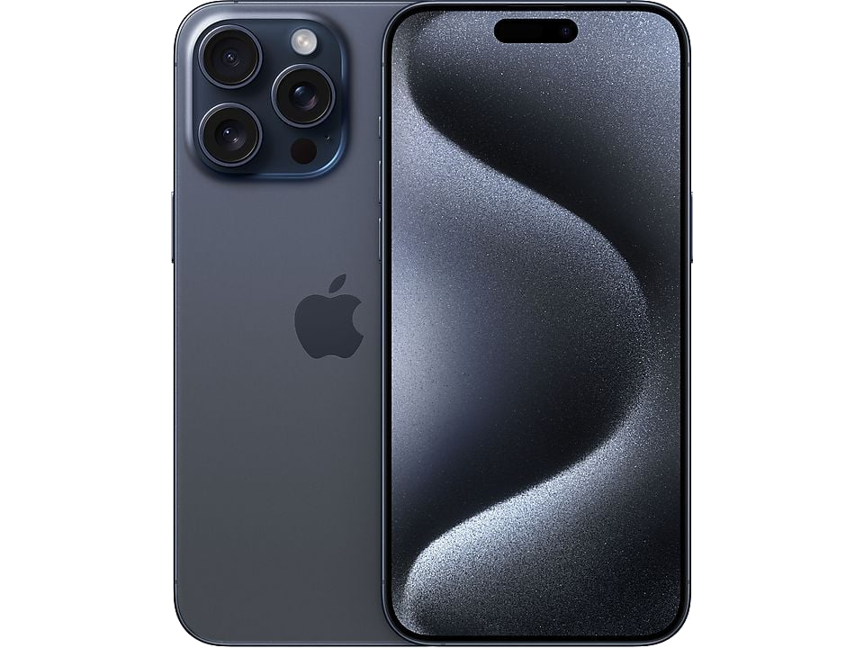Un iPhone azul oscuro muestra una pantalla negra ondulada. La parte trasera muestra lentes de cámara y el logo de Apple.