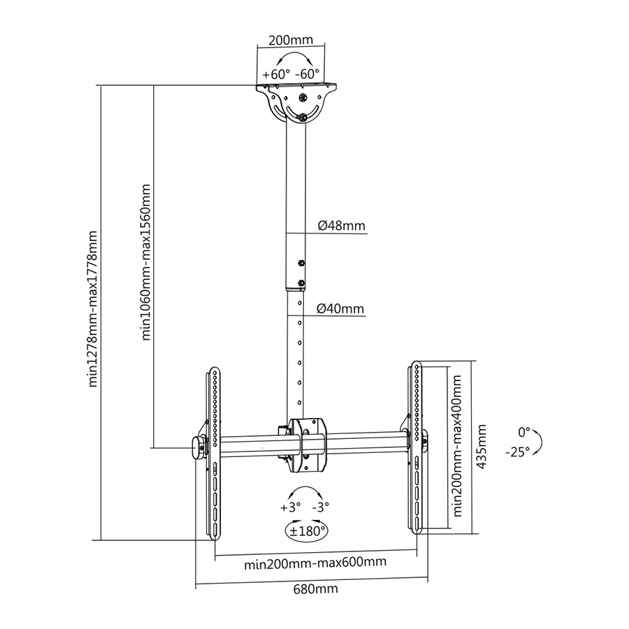 Mennyezeti tartó diagramja méretekkel. Milliméterben és fokokban megadott méréseket tartalmaz.