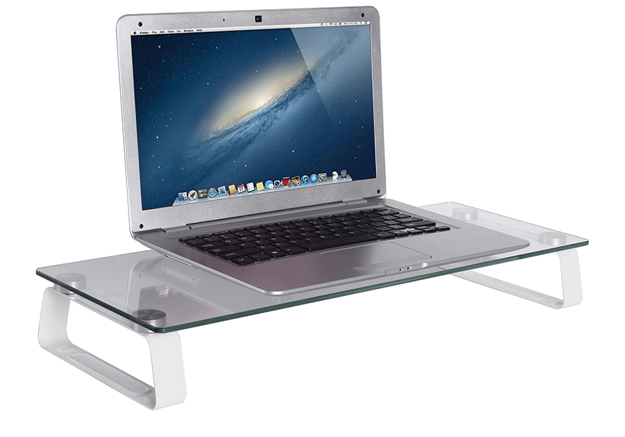 Laptop átlátszó üvegállványon, fehér fém lábakkal.