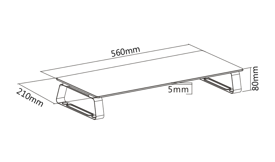 Fekete monitortartó a következő méretekkel: 560mm x 210mm x 80mm, fehér háttér.