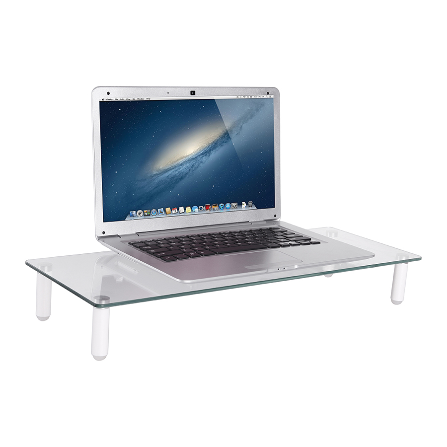 Laptop üveg állványon. A laptop nyitva van, galaxis képet mutat. Az állványnak fehér lábai vannak.
