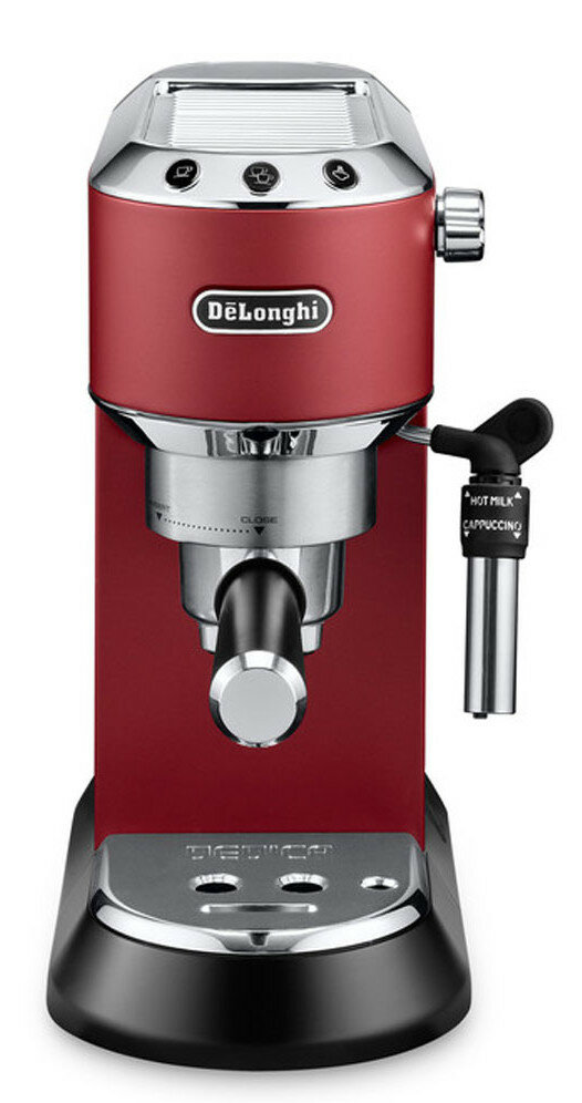 Czerwono-srebrny ekspres do espresso z czarną podstawą i detalami.