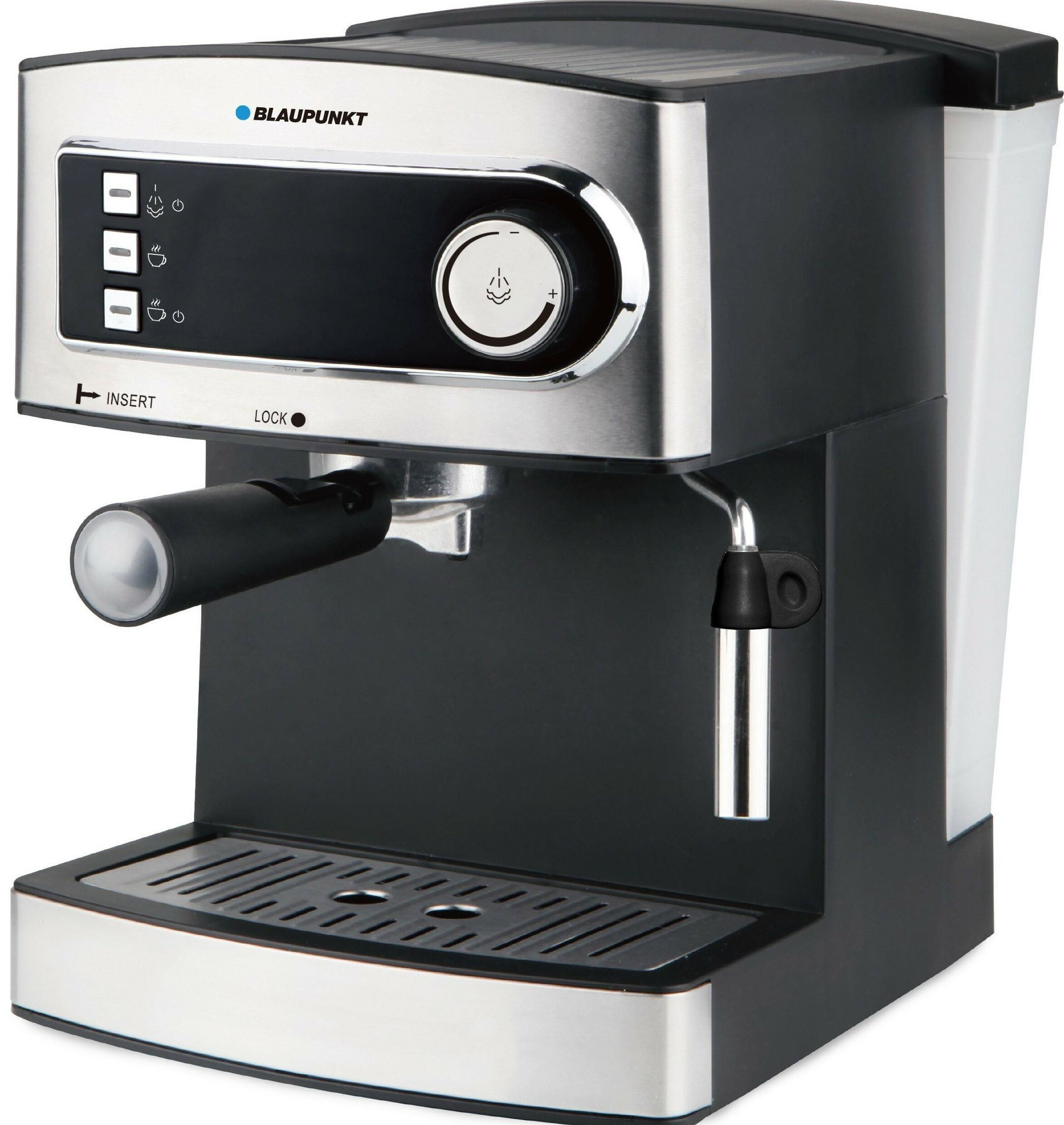 Ekspres do kawy. Czarny i srebrny, ze zbiornikiem na wodę i kolbą z uchwytem.