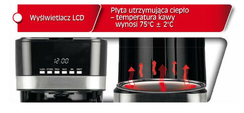 Ekspres do kawy, zbliżenie. Wyświetlacz cyfrowy, płyta grzewcza ze strzałkami, czerwony.
