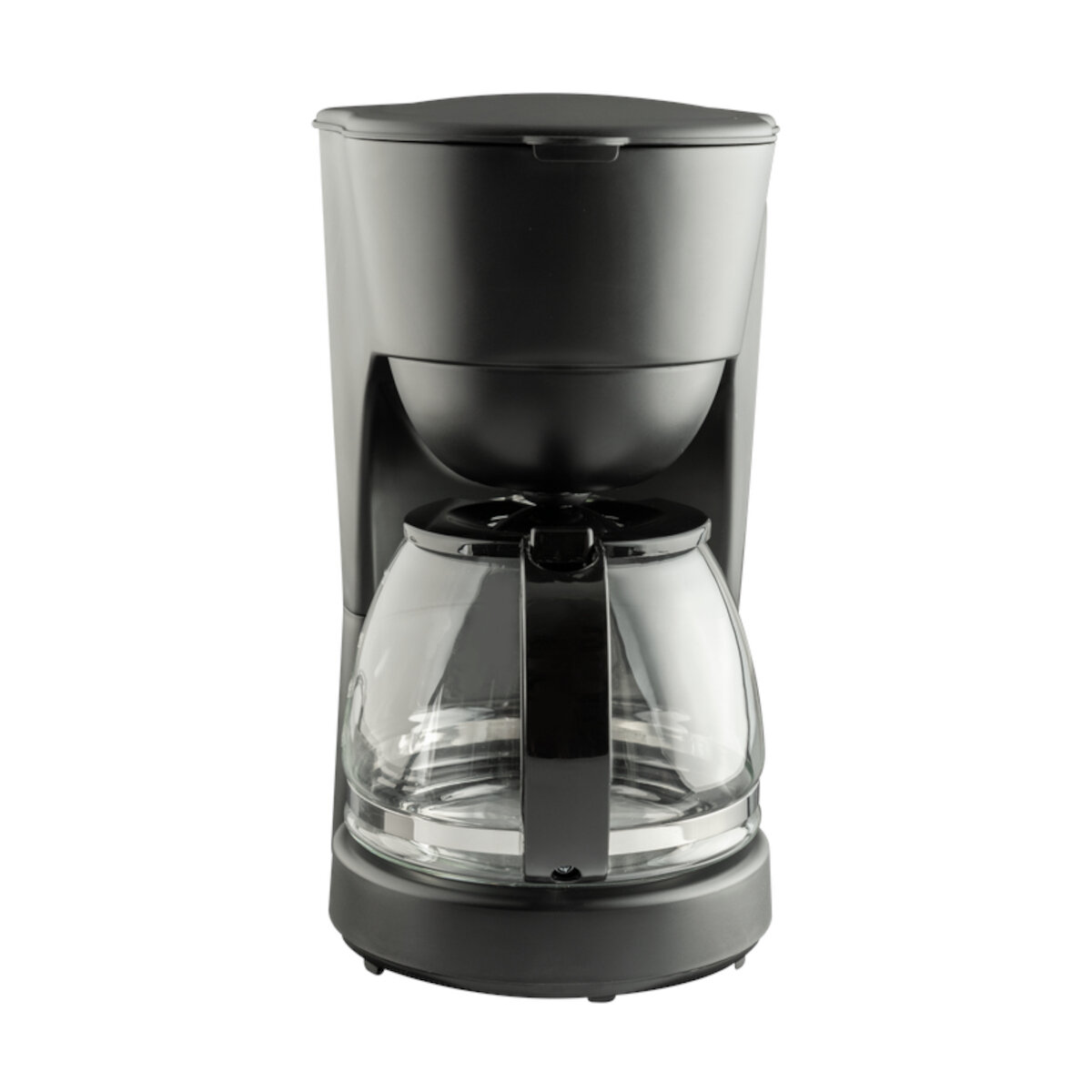 Czarny ekspres do kawy ze szklanym dzbankiem.