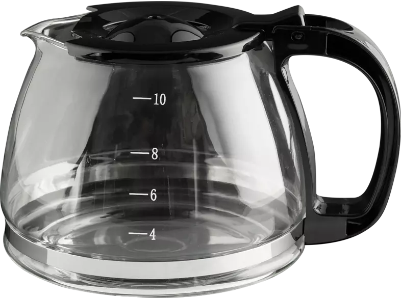 Szklana karafka do kawy z czarnym uchwytem, ​​przezroczysta z oznaczeniami objętości.