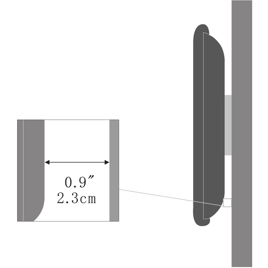 Egy falra szerelt monitor oldalsó nézete. A közeli kép a mélységet mutatja: 0,9 hüvelyk (2,3 cm).