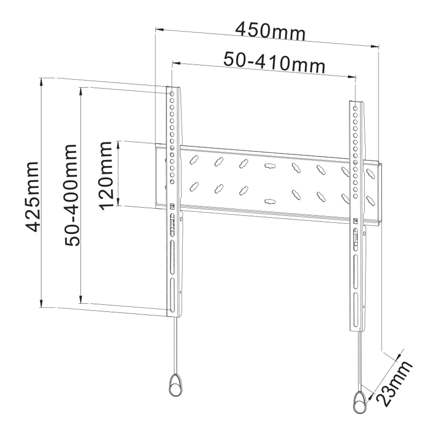TV fali tartó diagramja, mérésekkel és méretekkel.