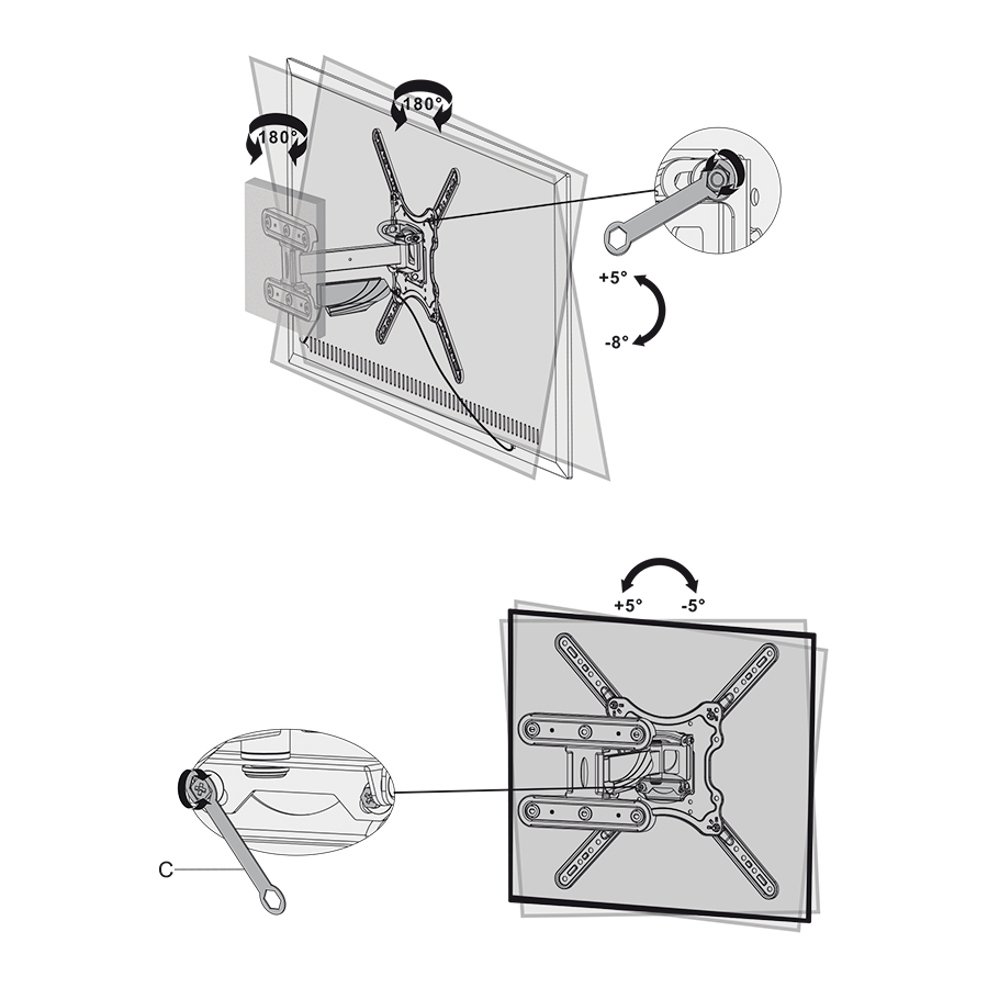 TV tartó telepítési diagramja, állítható szögeket és alkatrészeket mutatva.