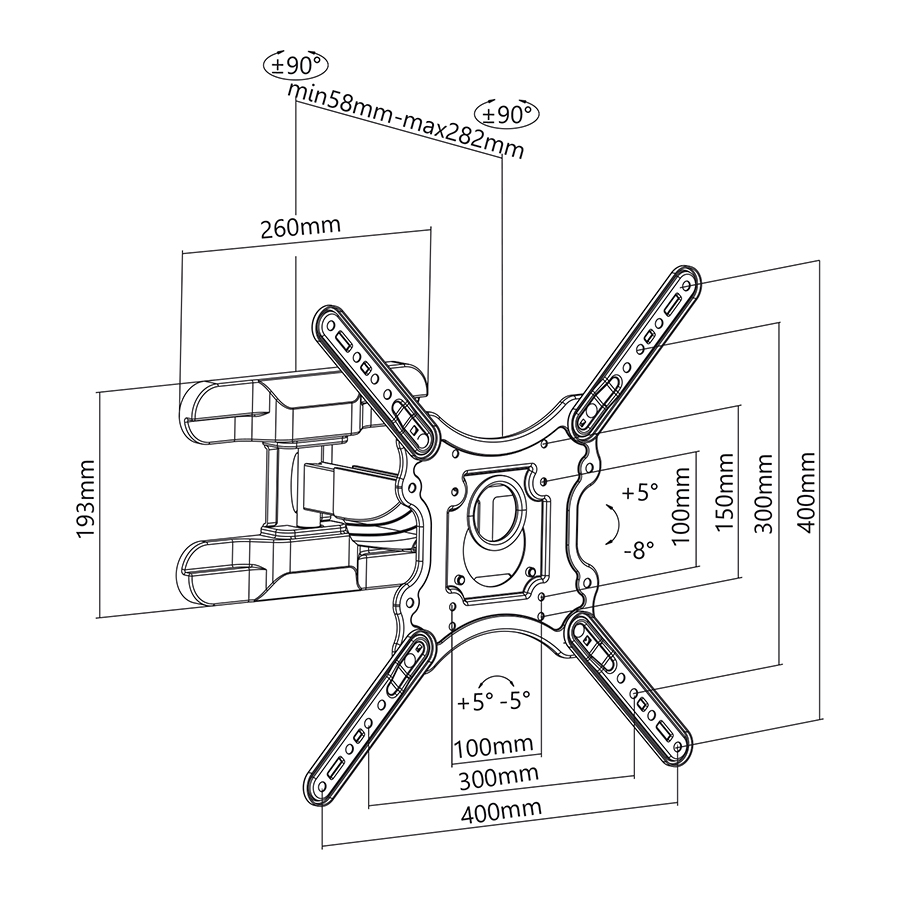 TV tartó diagramja méretekkel és feliratokkal, műszaki rajz stílusban.