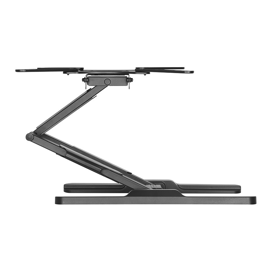 Fekete laptop állvány, Z-alakban, állítható karokkal, fehér háttér előtt.